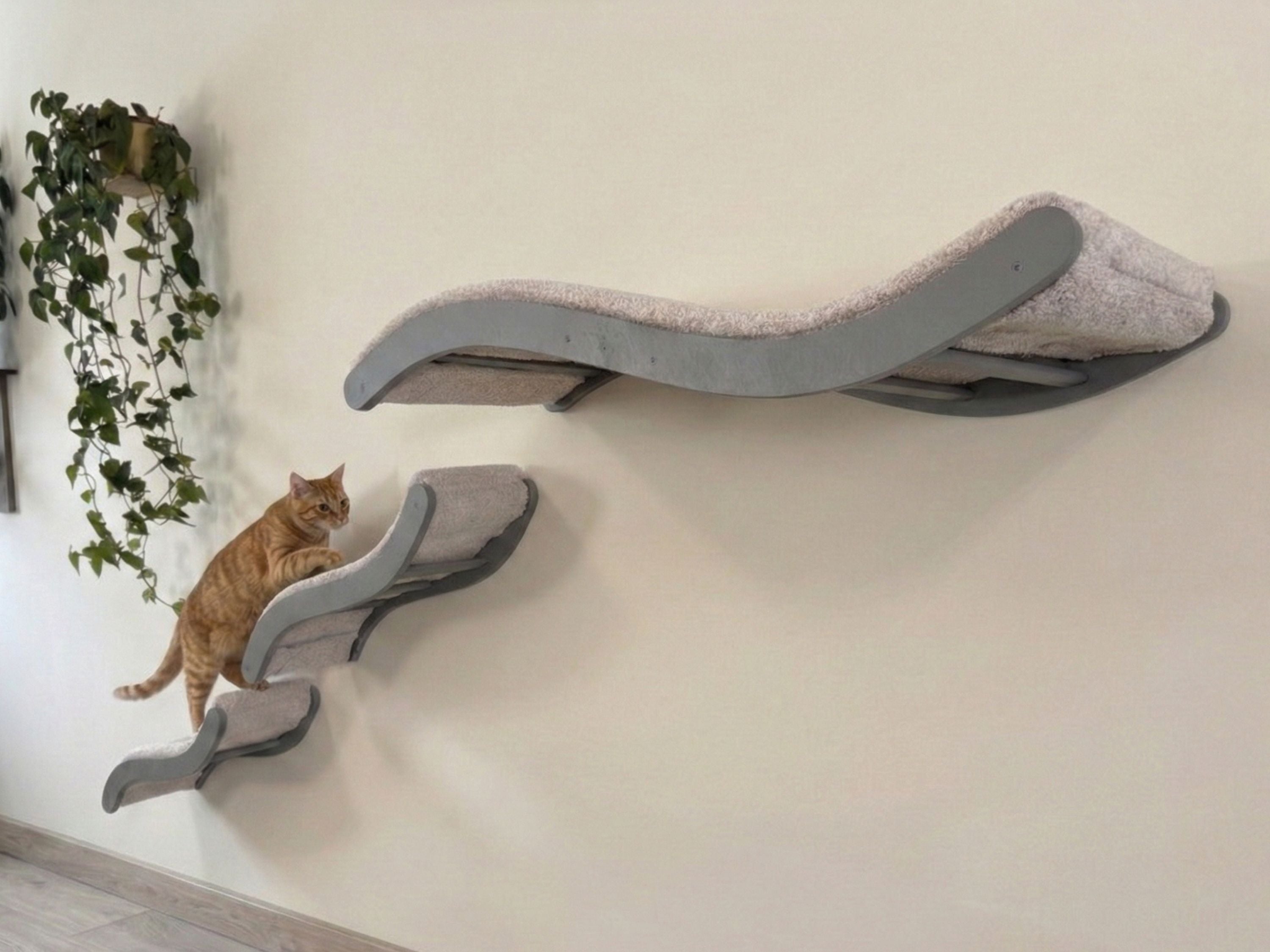 Wall Mounted Cat Furniture Set �C Curved Cat Shelf Bed with Cushion & 2 Climbing Steps