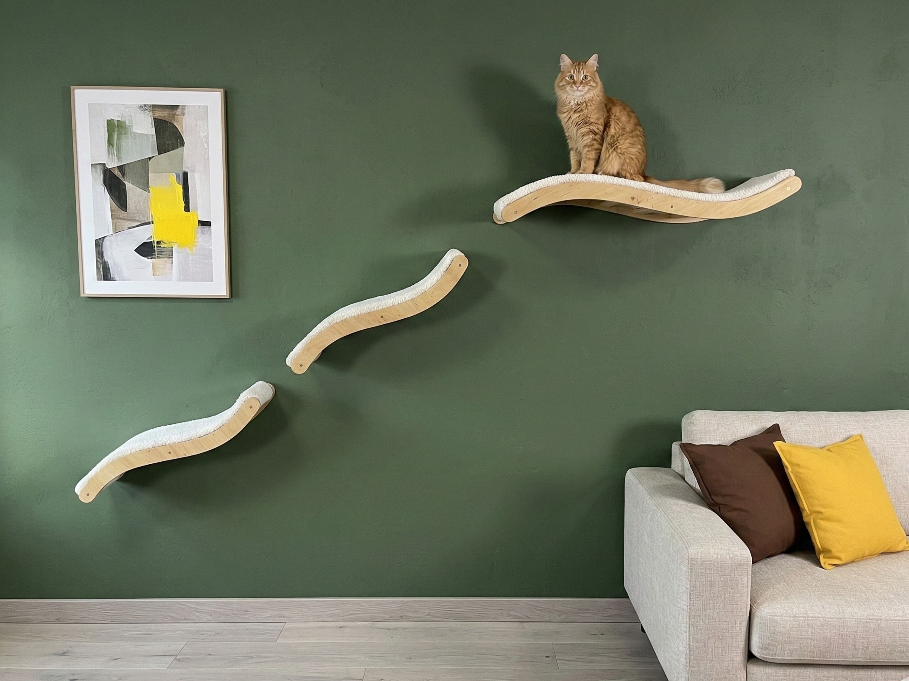 Cat Wall Shelf Set �C Curved Cat Bed with Cushion & 2 Wall Steps (Set of 3)