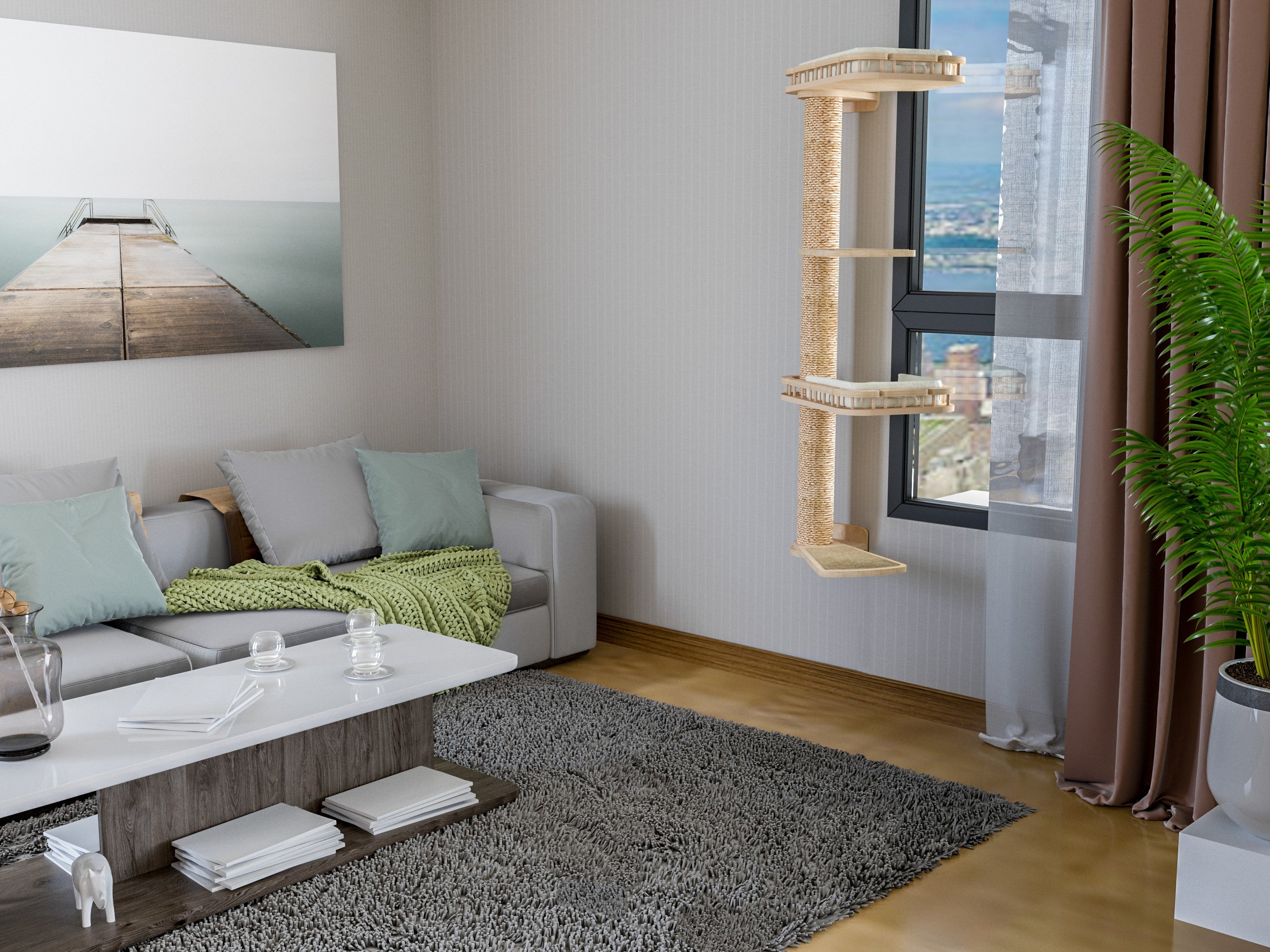 Wooden Cat Tree with Two Perches and Sisal Posts �?Large Cat Wall Tower