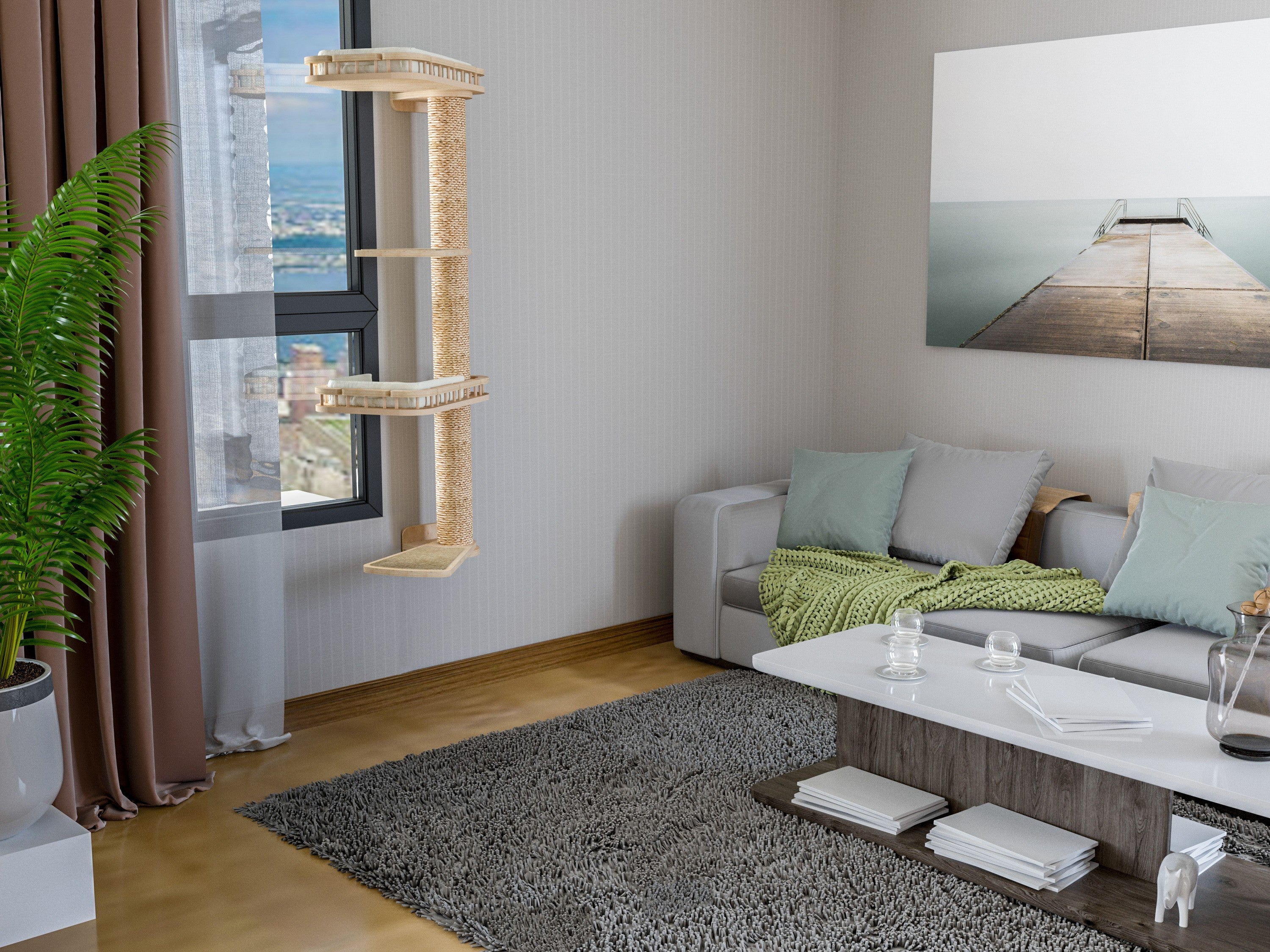 Wooden Cat Tree with Two Perches and Sisal Posts �?Large Cat Wall Tower
