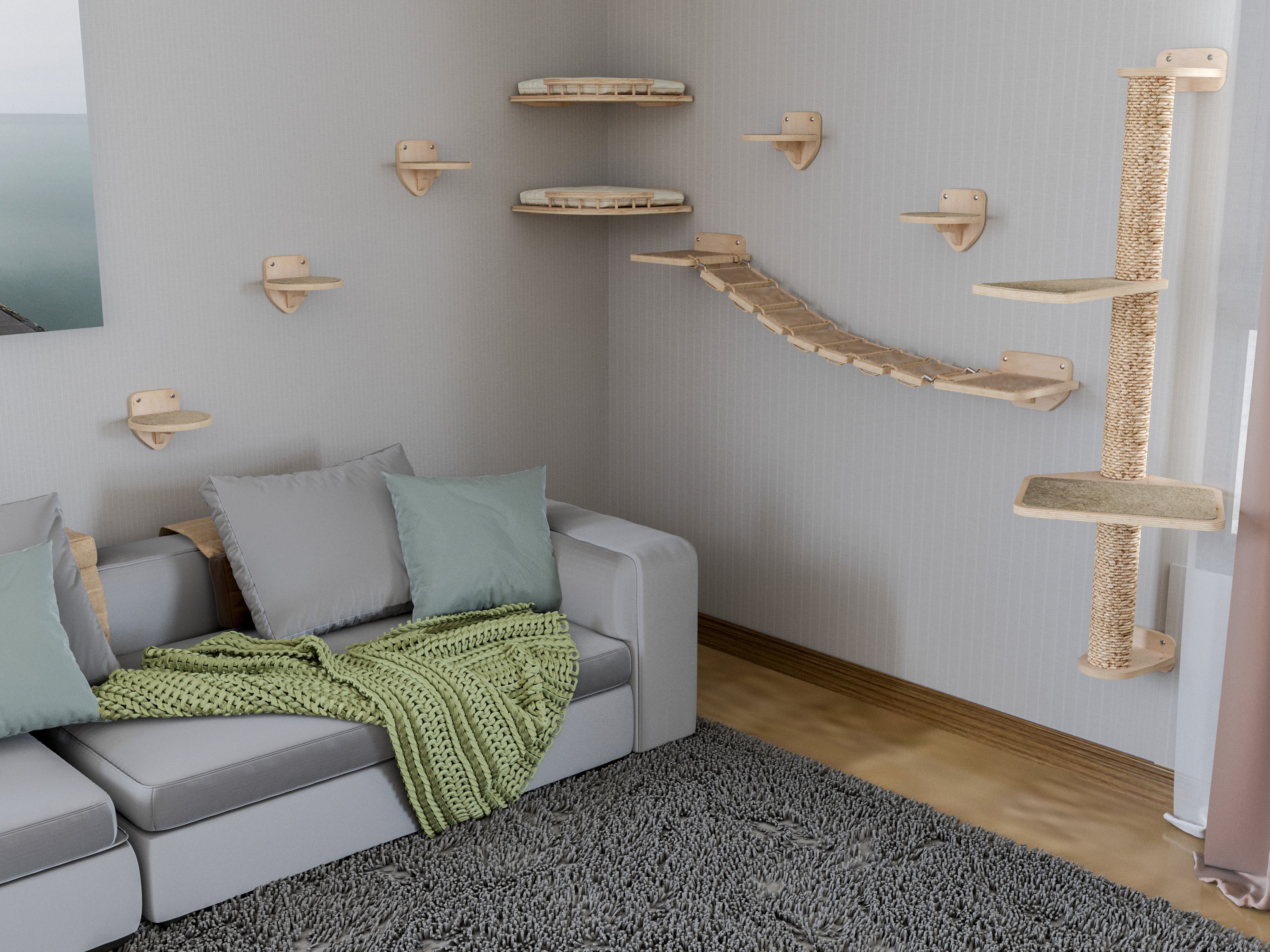Wall-Mounted Cat Furniture Set with Bridge, Corner Beds & Scratching Post