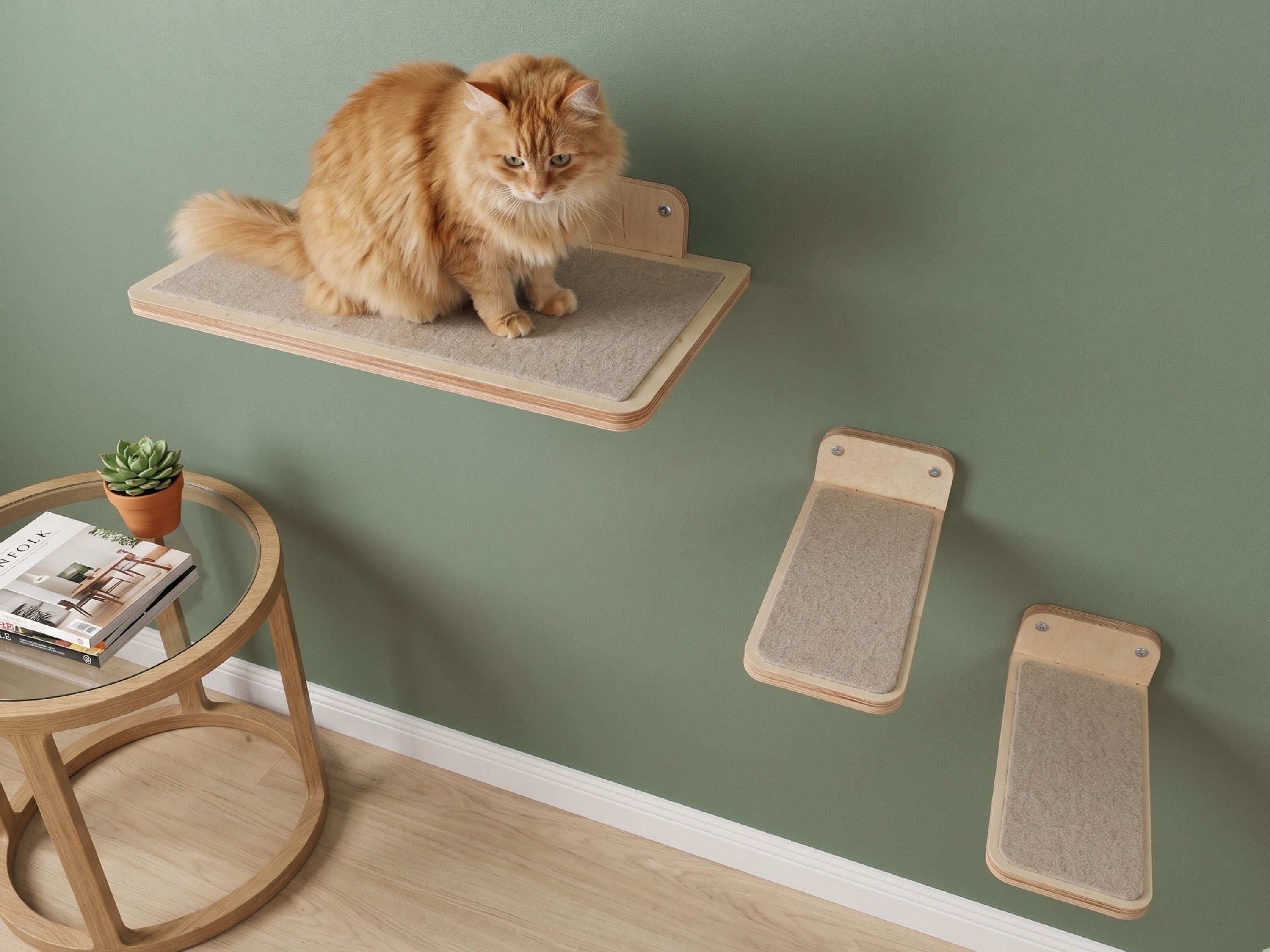 Carpeted Wall Mounted Cat Shelf with Steps