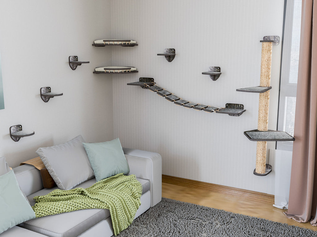 Wall-Mounted Cat Furniture Set with Bridge, Corner Beds & Scratching Post