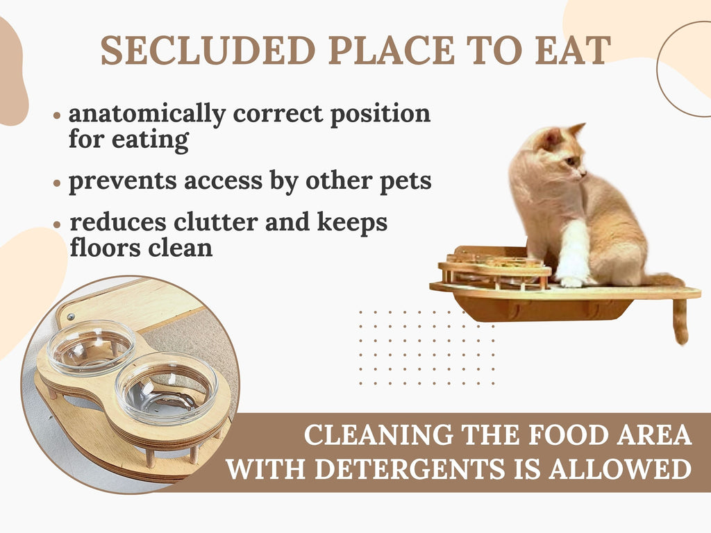 Cat Feeding Shelf with Bowls & Steps �?Elevated Wall Furniture