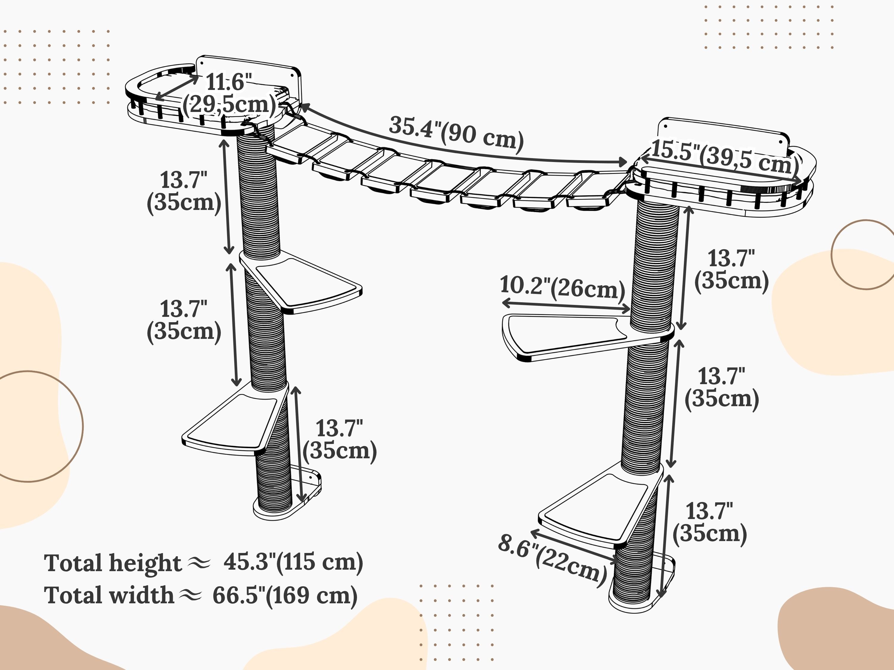 Wall Cat Tree with 2 Scratching Towers, Bridge & Cushioned Shelves