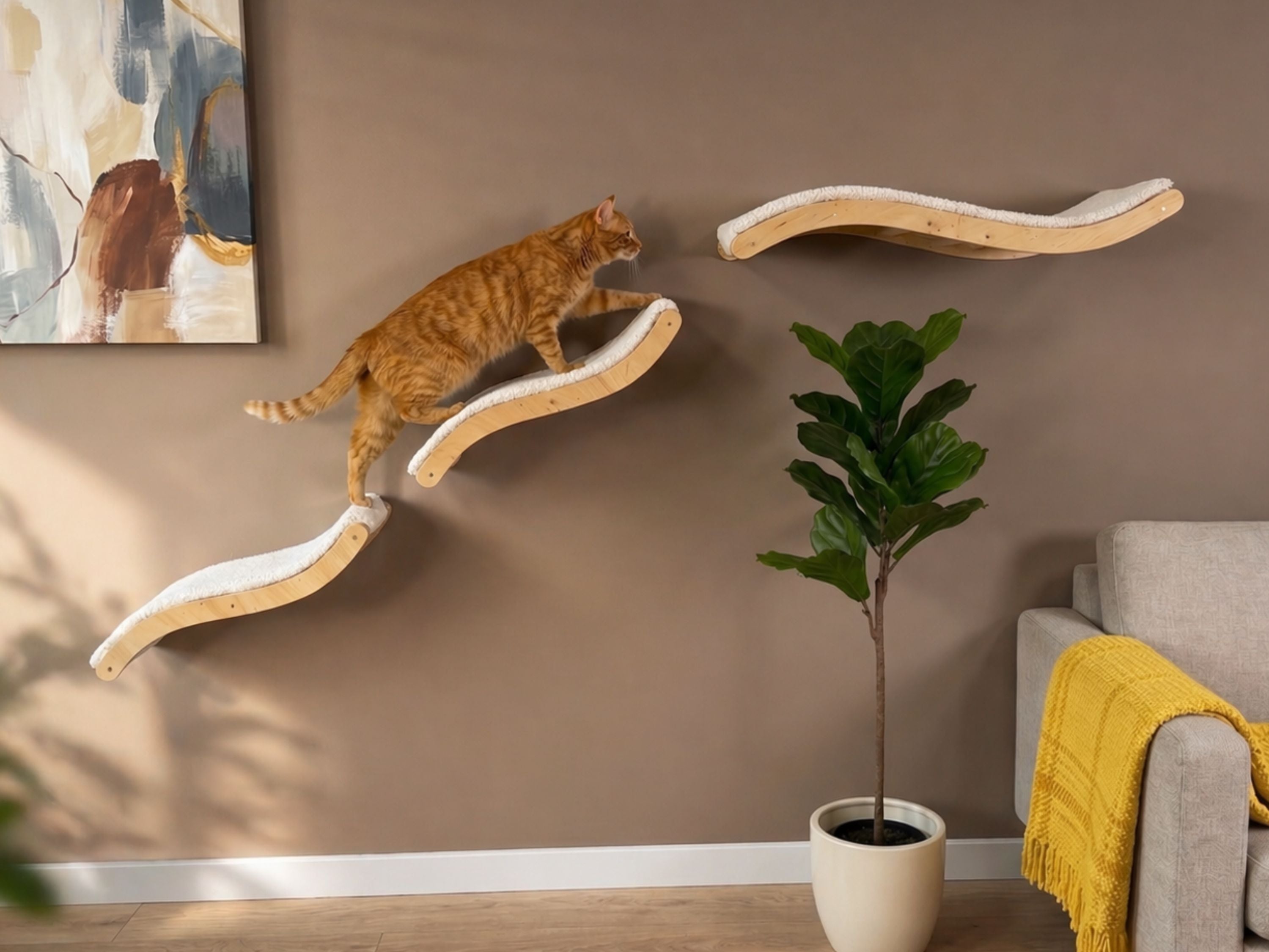 Curved Cat Wall Bed Set �C 3 Wall Shelves with Cushions