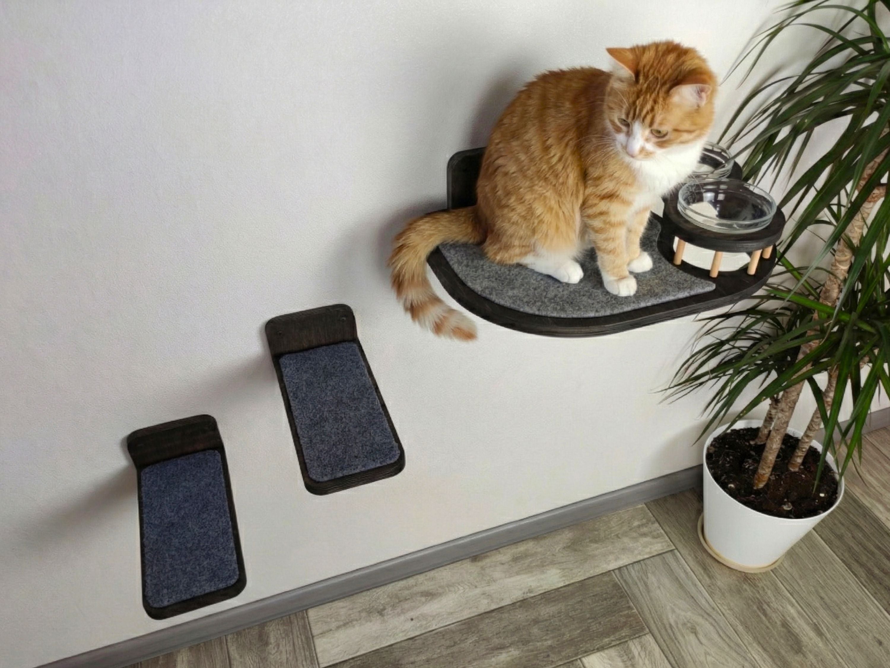Cat Feeding Shelf with Bowls & Steps �?Elevated Wall Furniture