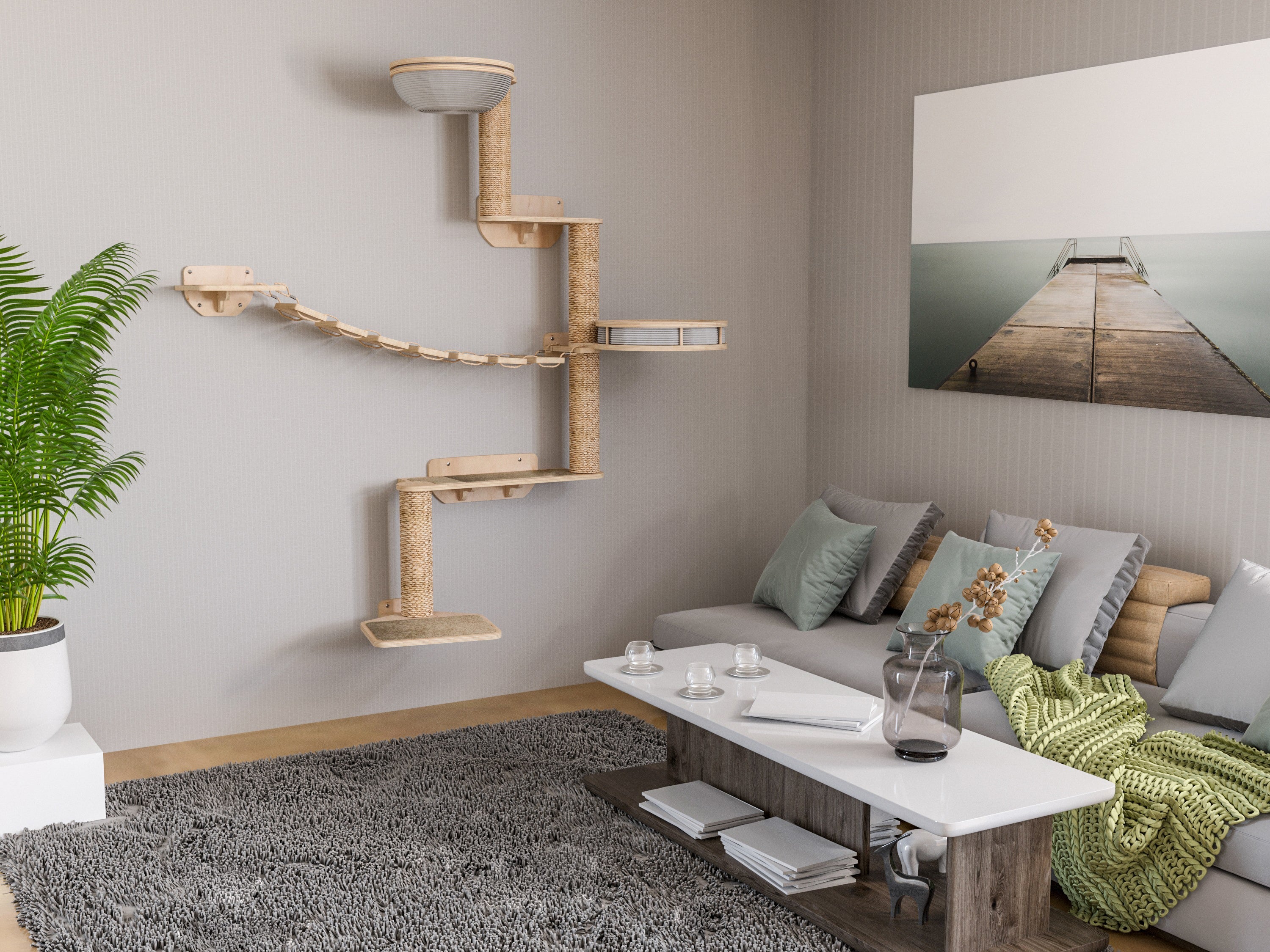 Modular Cat Tree Wall System �?Climbing Set with Bridge & Beds