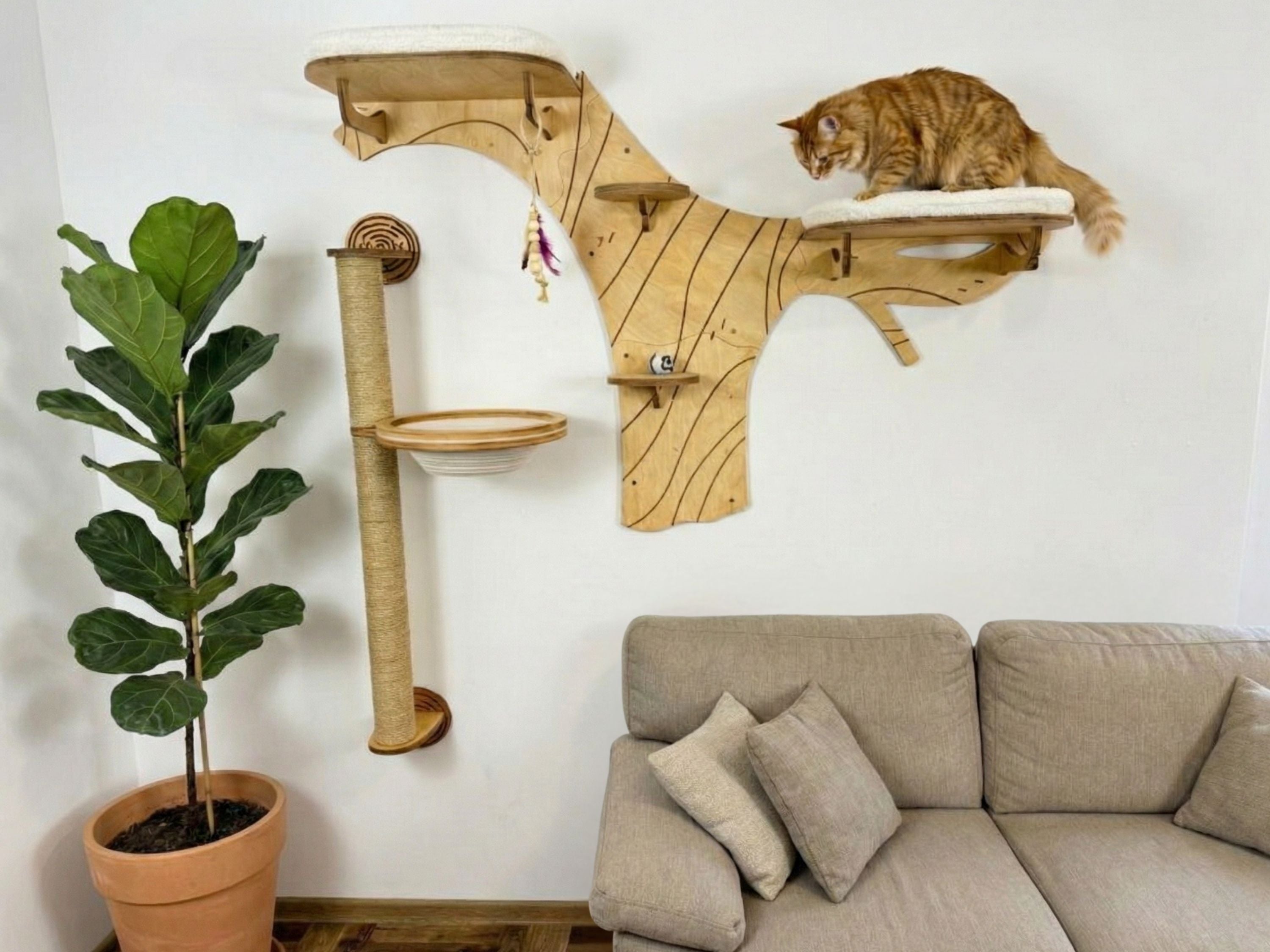 Wall Cat Tree “Climb & Lounge�?Set with Scratching Post (Half Tree Option)