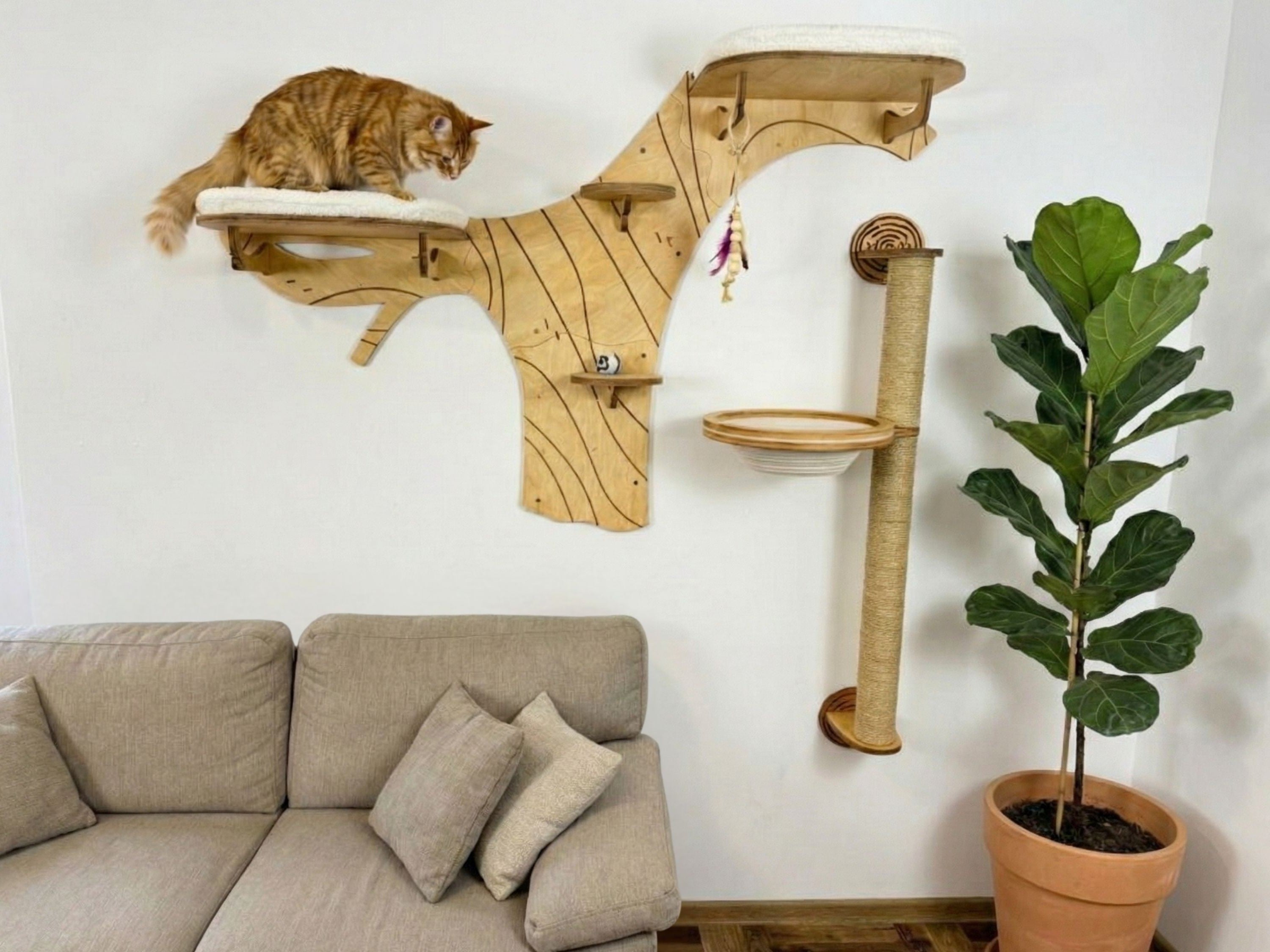 Wall Cat Tree “Climb & Lounge�?Set with Scratching Post (Half Tree Option)