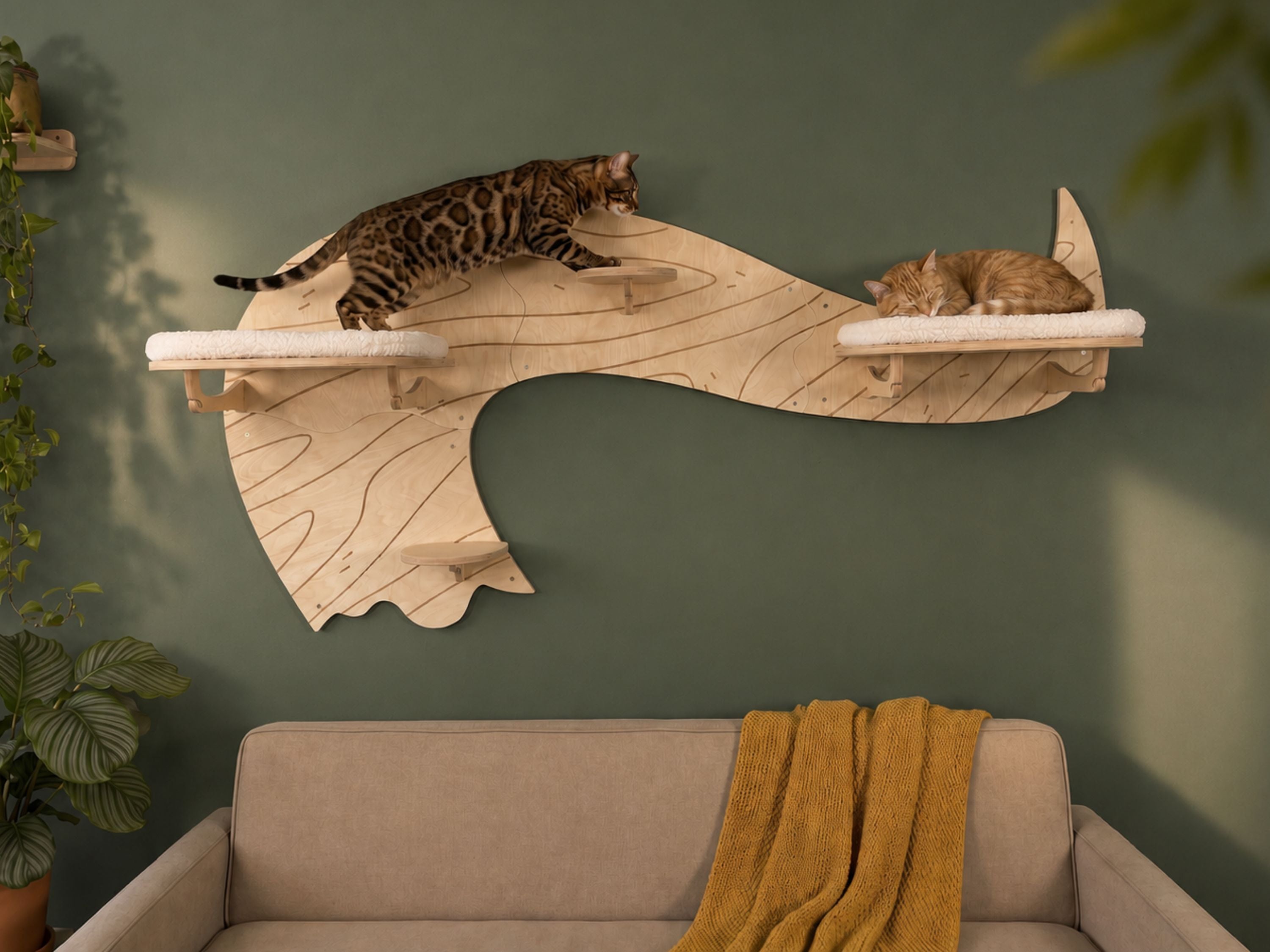 Wave Wall Mounted Cat Tree with 2 Cushioned Shelves
