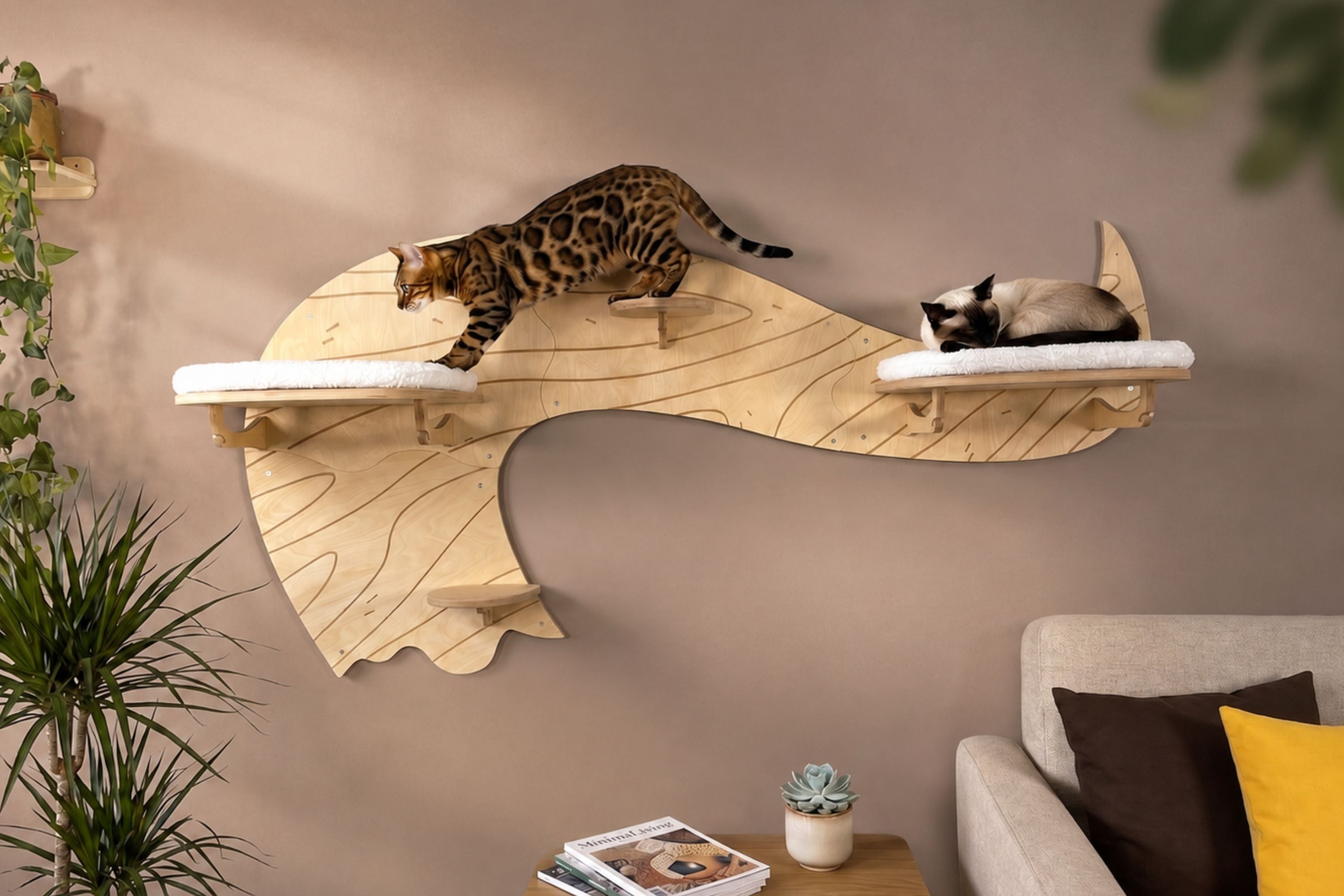 Wave Wall Mounted Cat Tree with 2 Cushioned Shelves