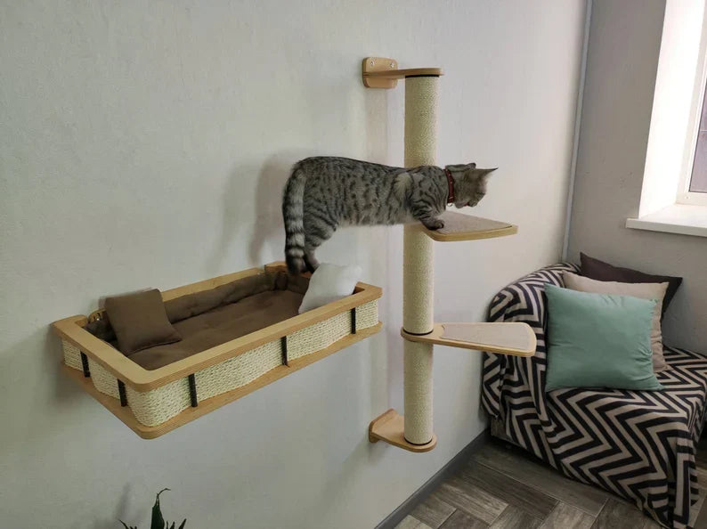 Wall-Mounted Cat Bed with Scratching Post & Steps �?