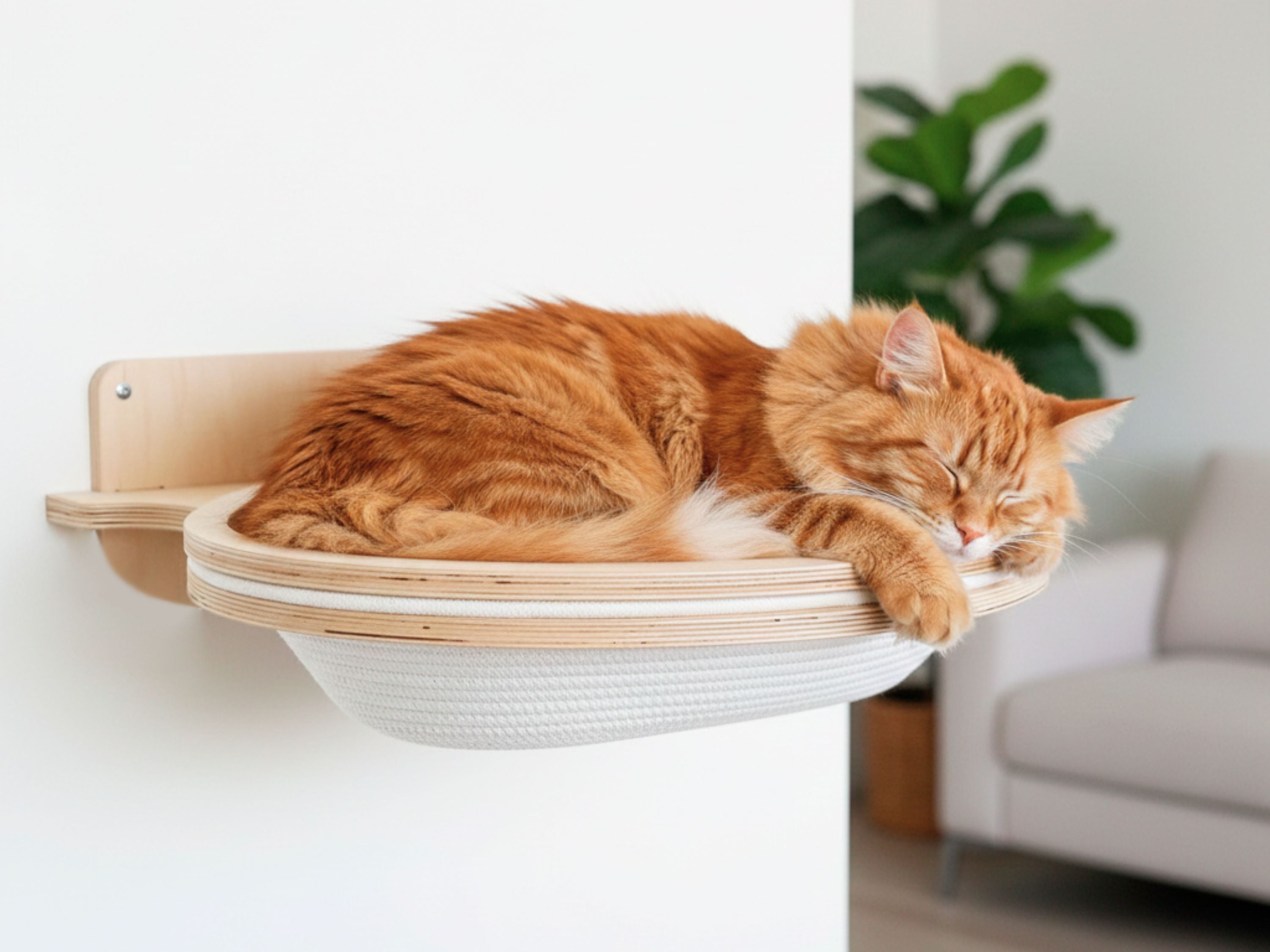 Oval Wall-Mounted Cat Basket �?Natural Cotton Rope & Birch Plywood