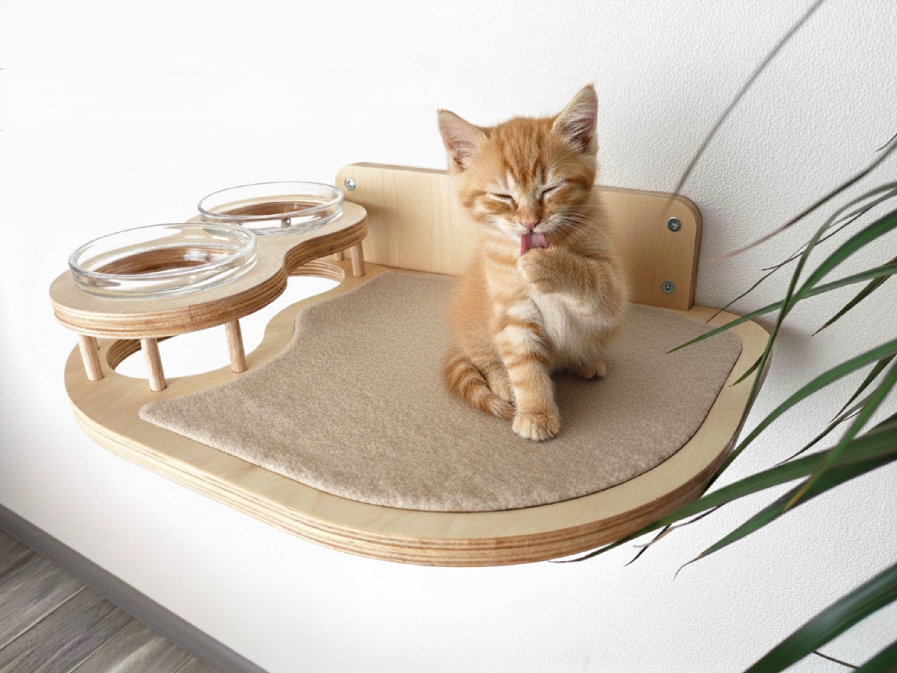 Cat Feeding Shelf With 2 Bowls (Wall-Mounted)