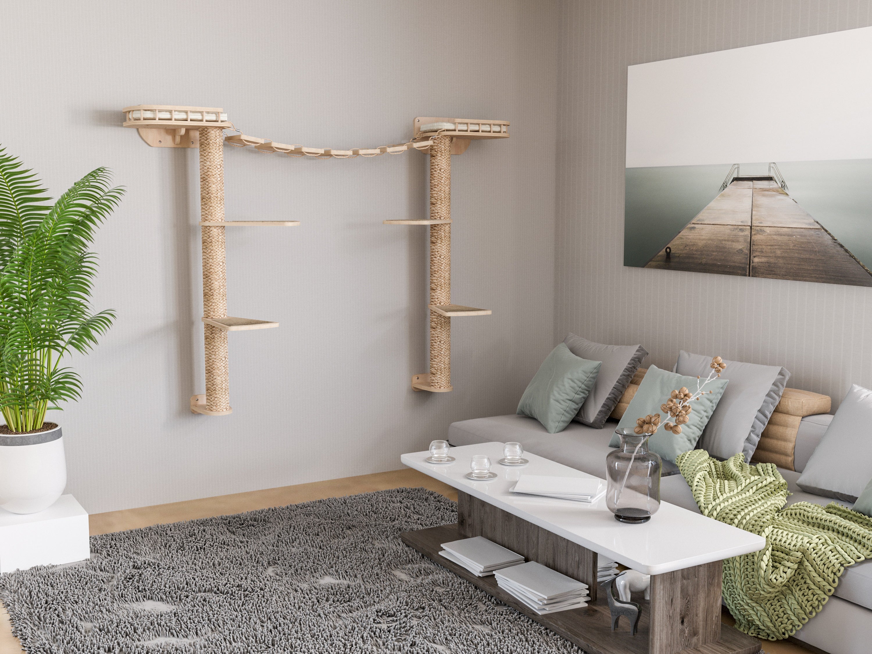 Wall Cat Tree with 2 Scratching Towers, Bridge & Cushioned Shelves