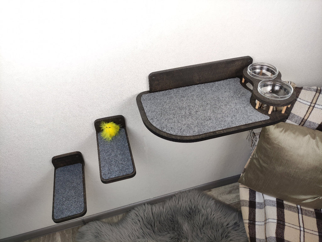 Set of Cat Wall Shelves with Food Bowls and Steps