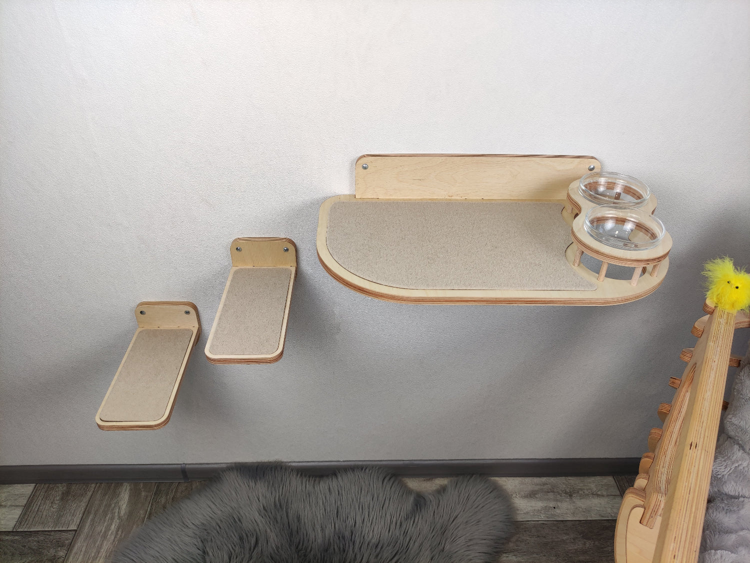 Set of Cat Wall Shelves with Food Bowls and Steps
