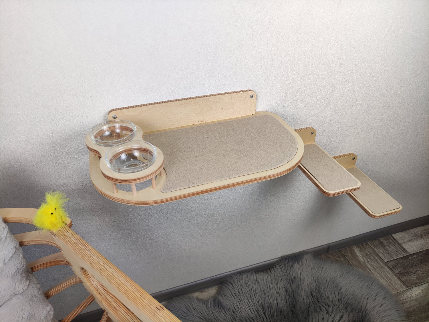 Set of Cat Wall Shelves with Food Bowls and Steps