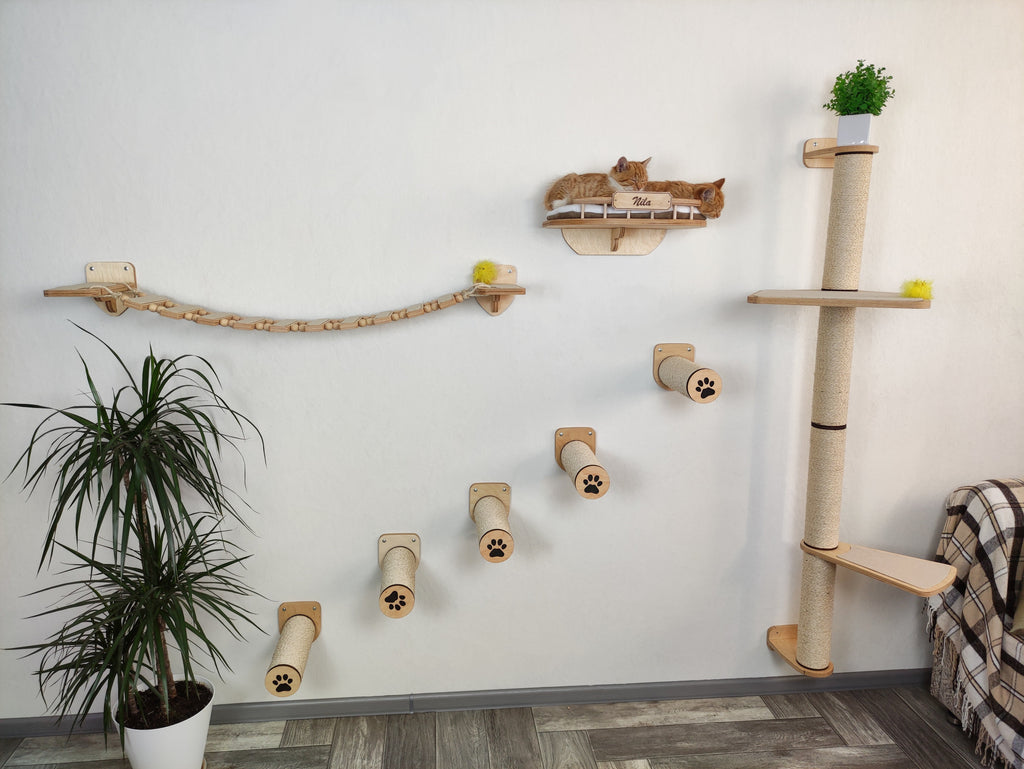 Cat Wall Climbing & Play Set - Scratch Post, Shelves, Bridge