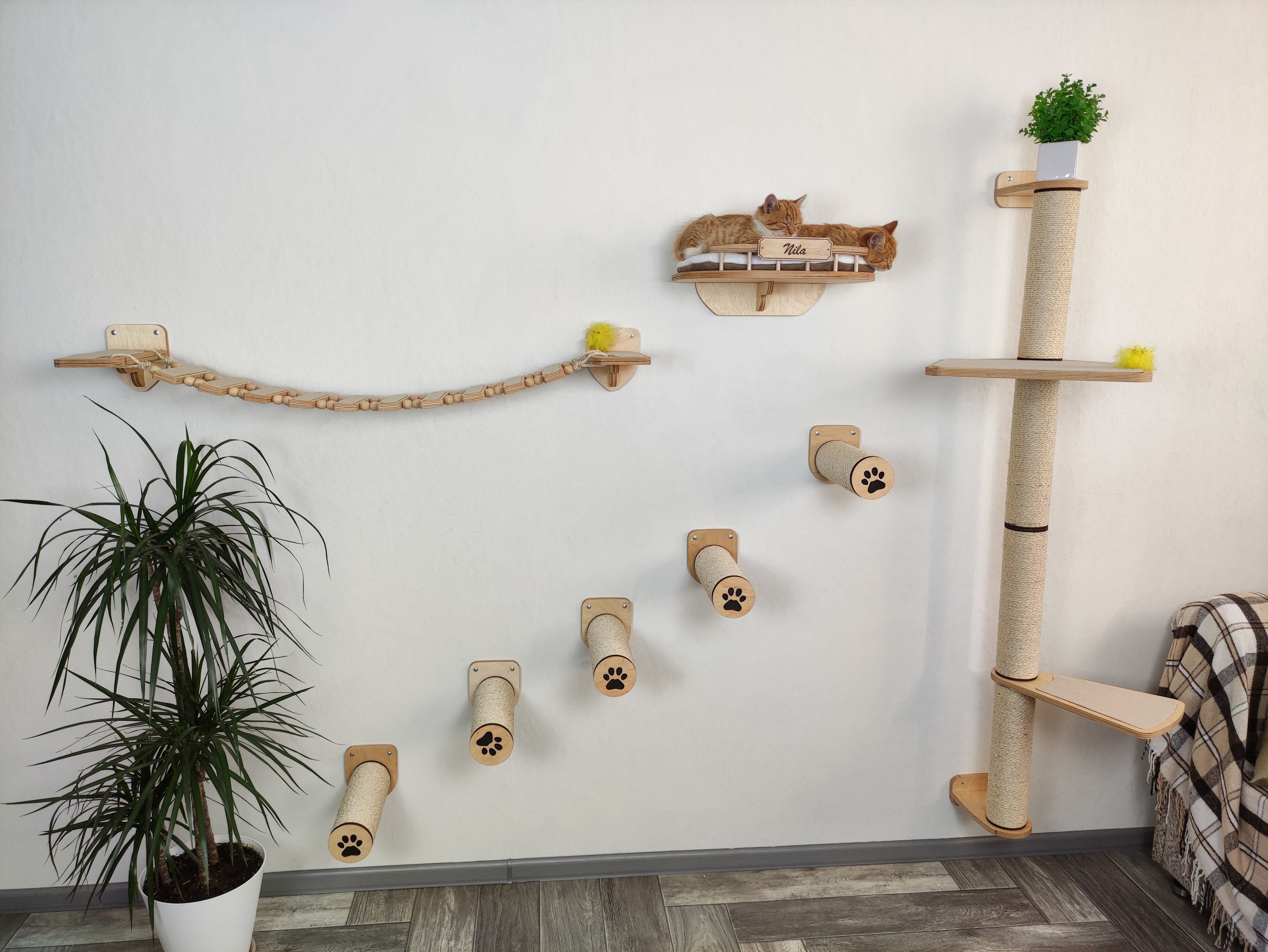 Cat Wall Climbing & Play Set - Scratch Post, Shelves, Bridge
