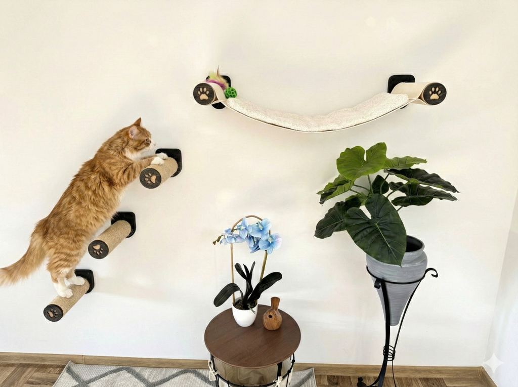 Wall-Mounted Cat Hammock with Cushion & Climbing Steps