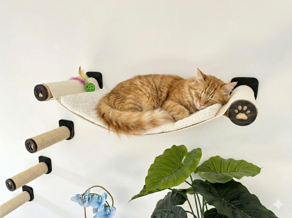 Wall-Mounted Cat Hammock with Cushion & Climbing Steps