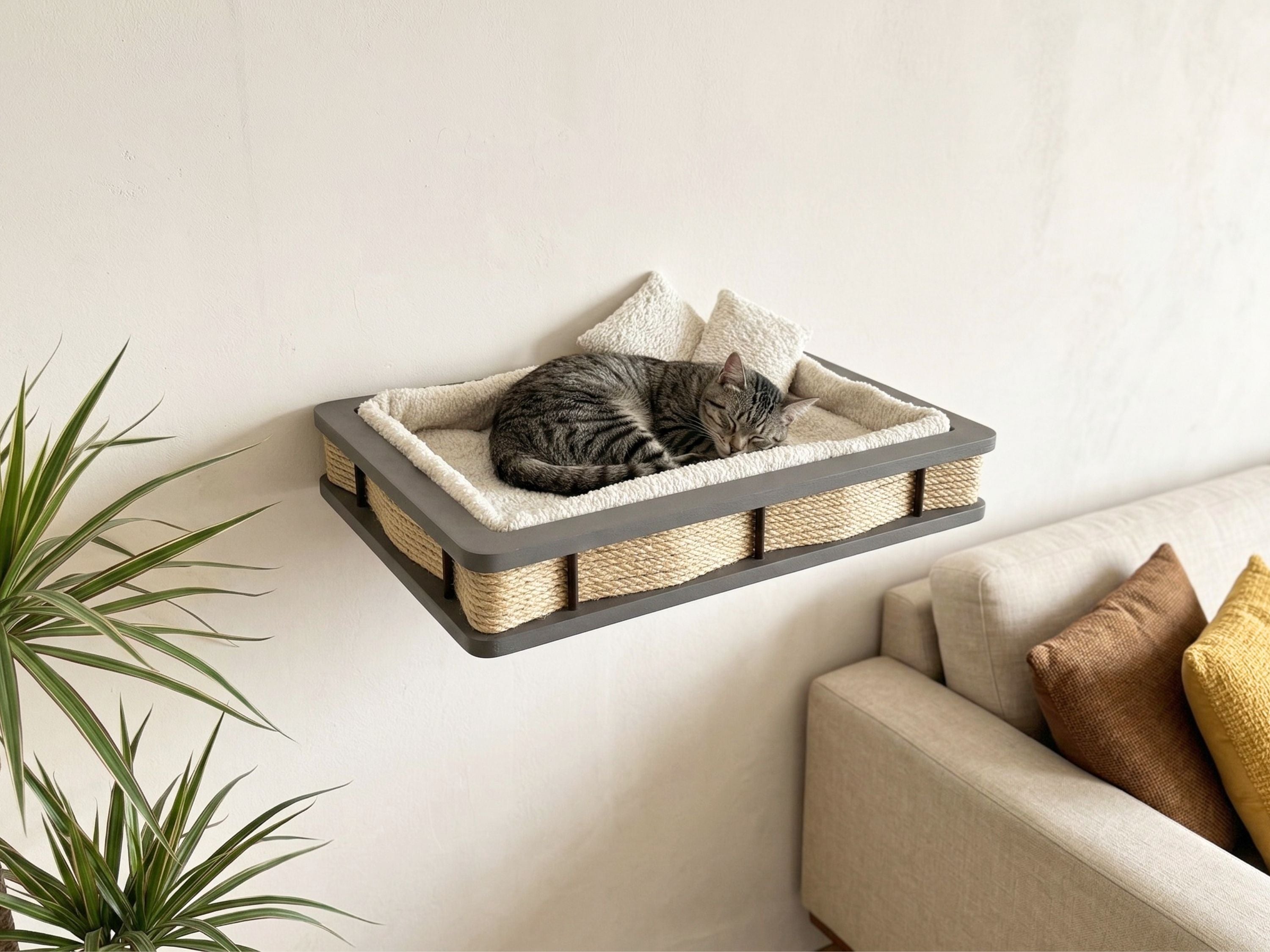 Grey Wood Wall-Mounted Cat Bed with Plush Cushion & Accent Pillows