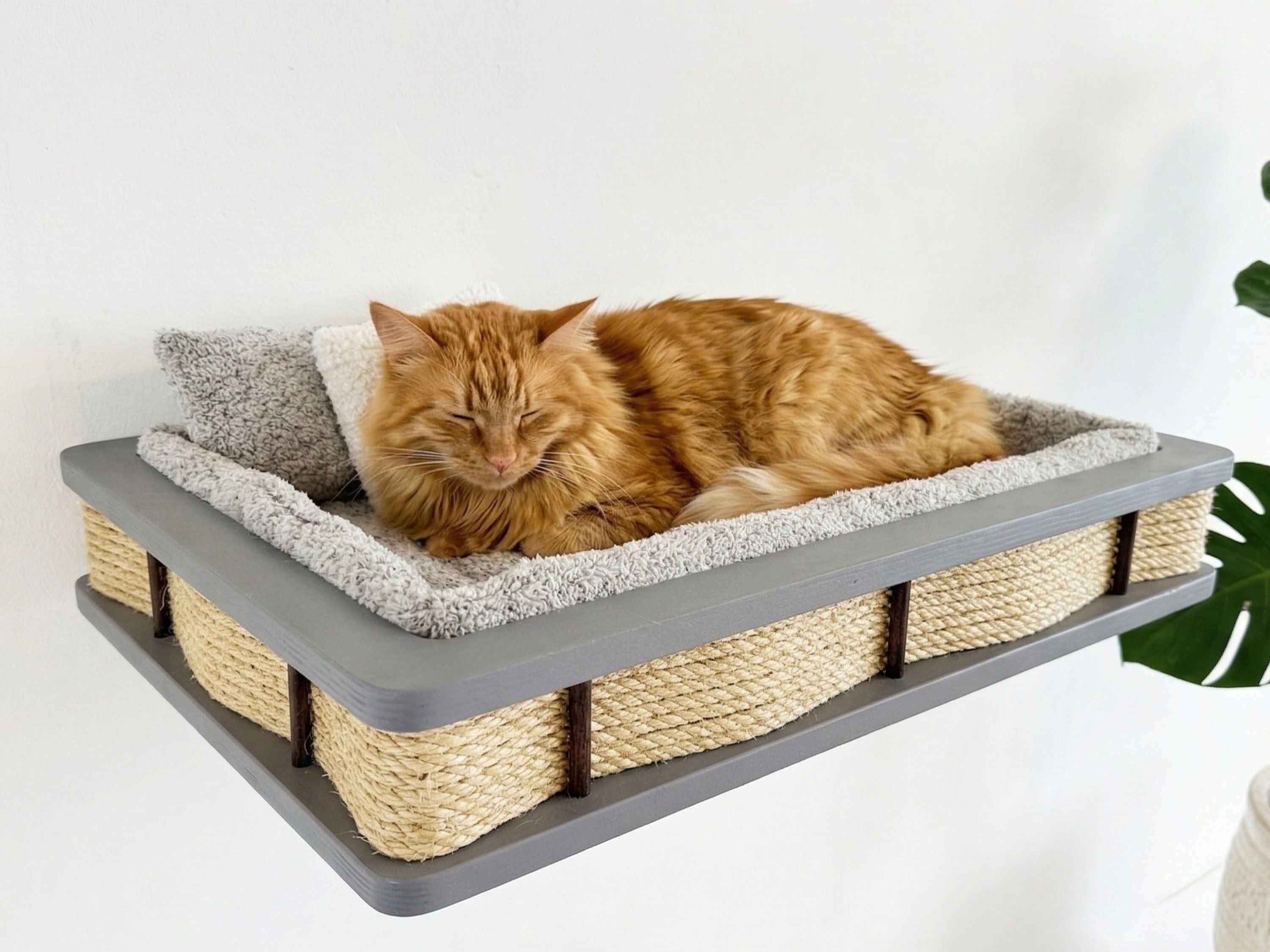Grey Wood Wall-Mounted Cat Bed with Plush Cushion & Accent Pillows