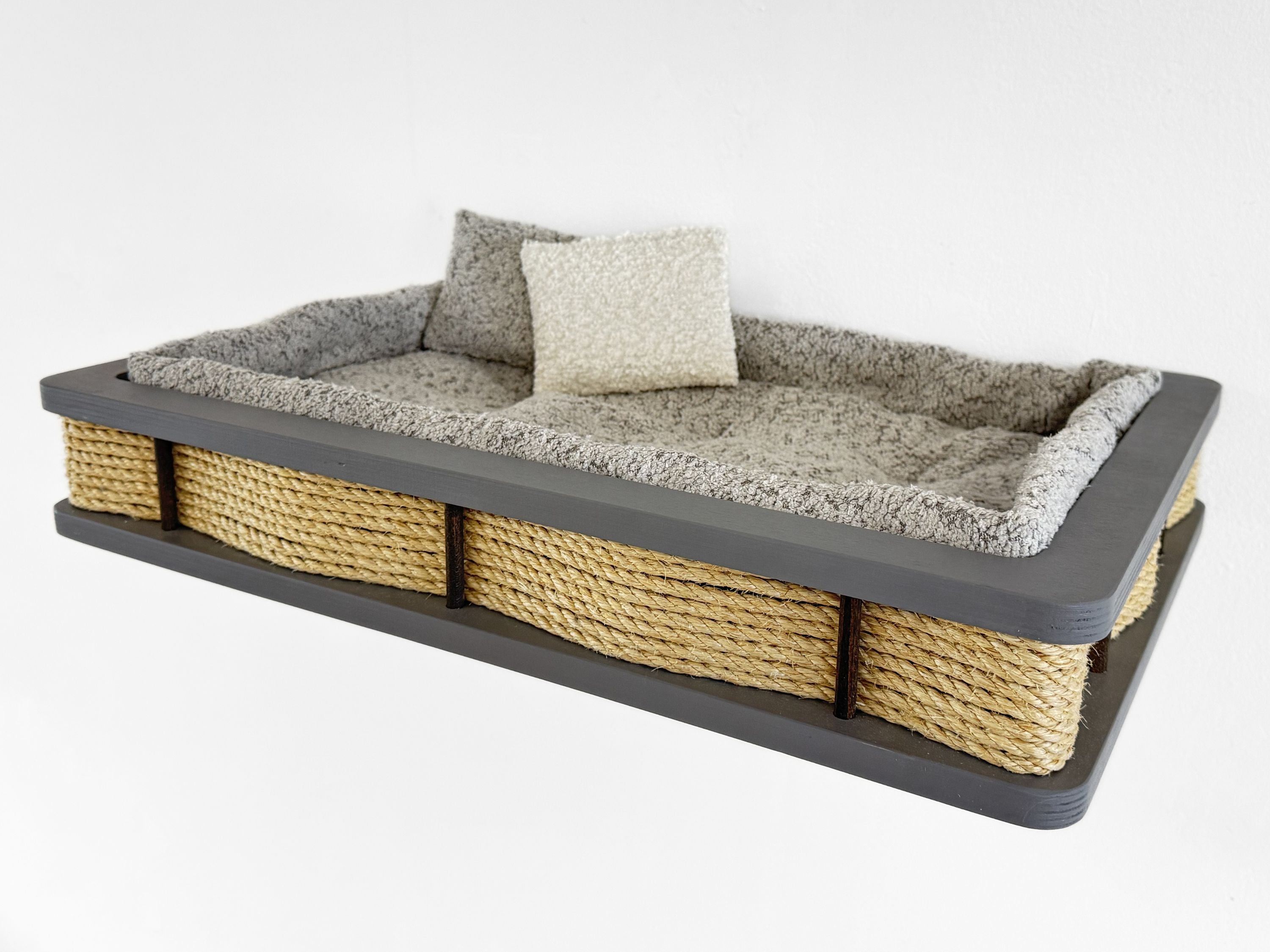 Grey Wood Wall-Mounted Cat Bed with Plush Cushion & Accent Pillows