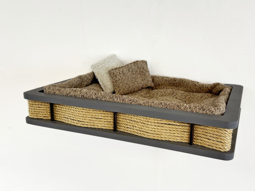 Grey Wood Wall-Mounted Cat Bed with Plush Cushion & Accent Pillows