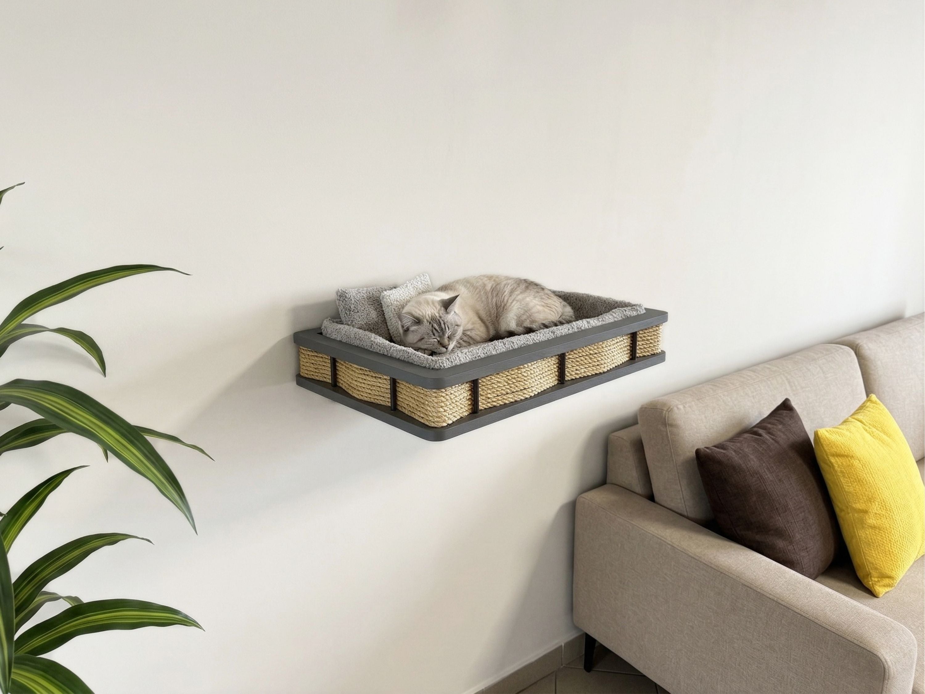 Grey Wood Wall-Mounted Cat Bed with Plush Cushion & Accent Pillows