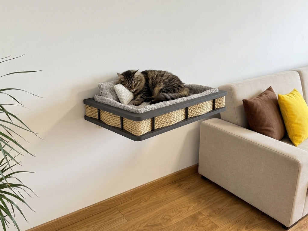 Grey Wood Wall-Mounted Cat Bed with Plush Cushion & Accent Pillows