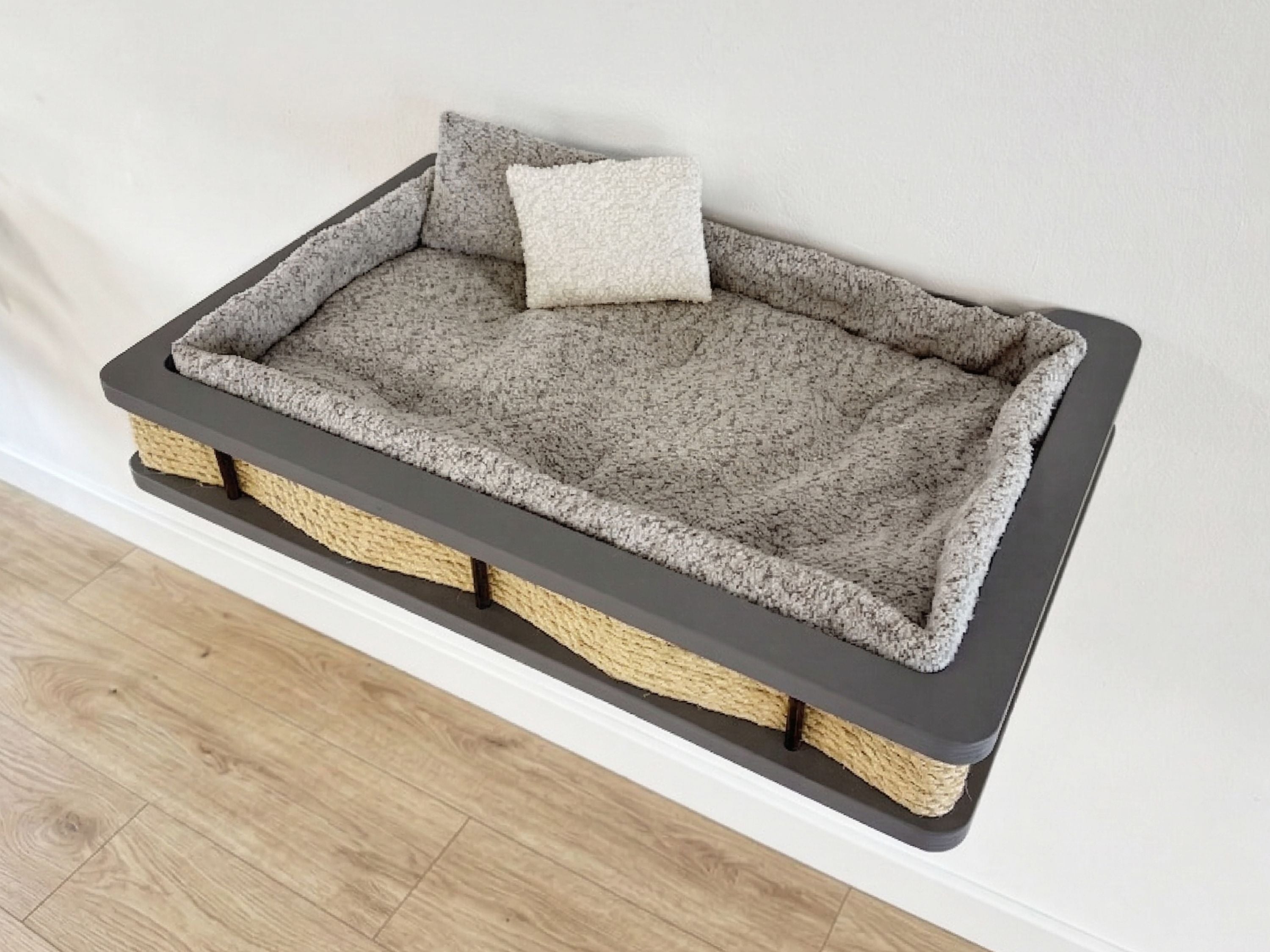 Grey Wood Wall-Mounted Cat Bed with Plush Cushion & Accent Pillows