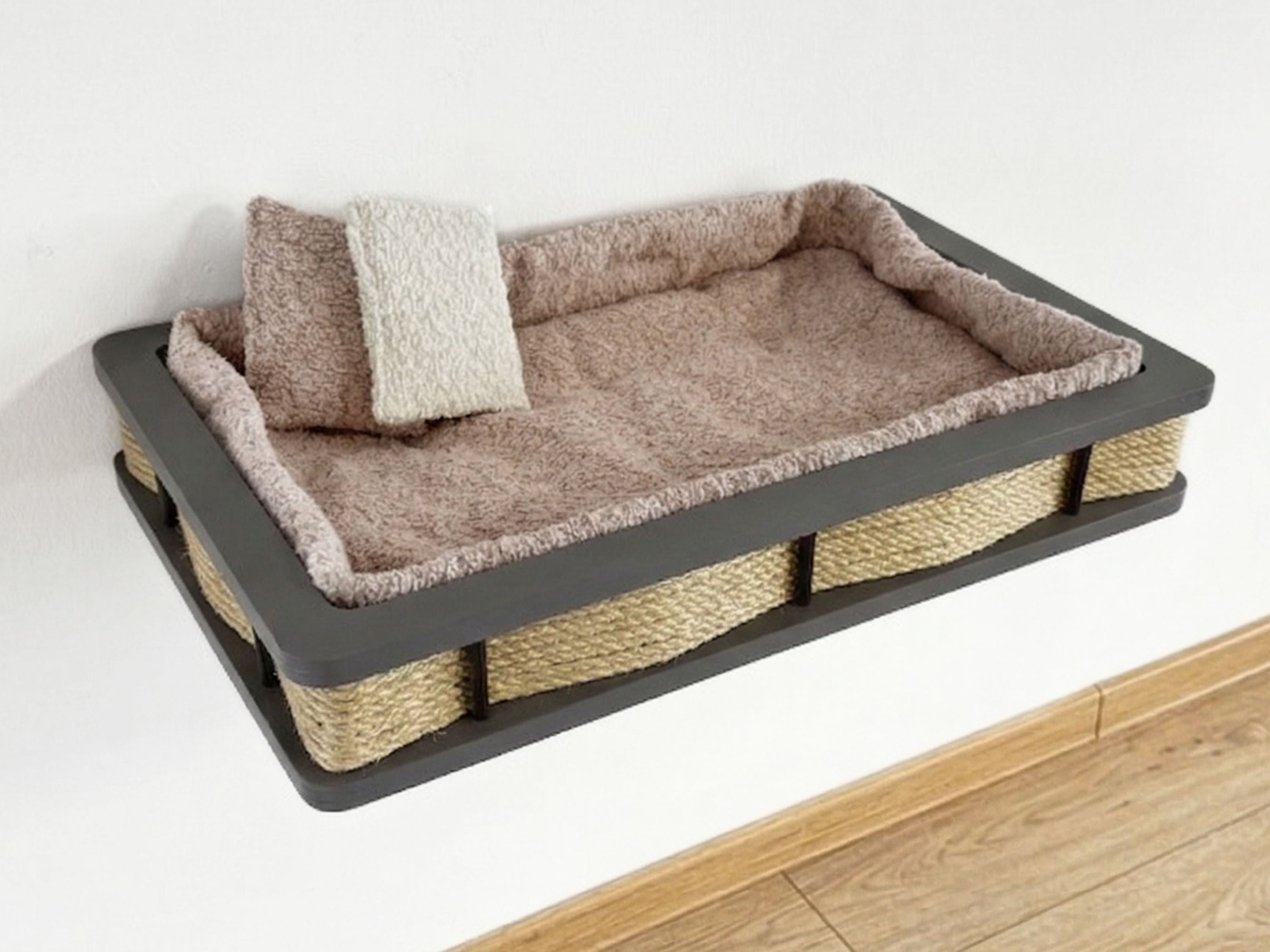 Grey Wood Wall-Mounted Cat Bed with Plush Cushion & Accent Pillows