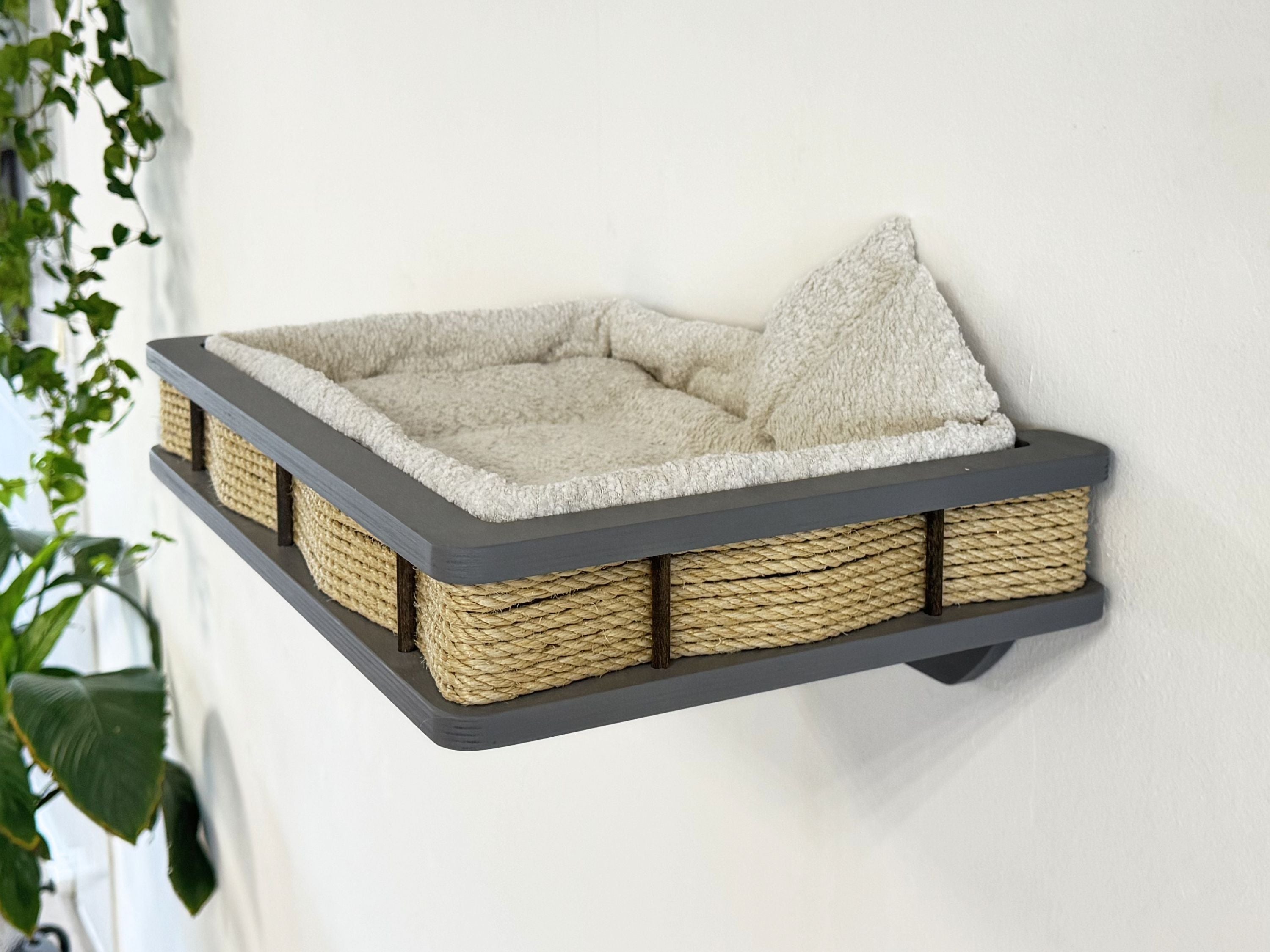 Grey Wood Wall-Mounted Cat Bed with Plush Cushion & Accent Pillows