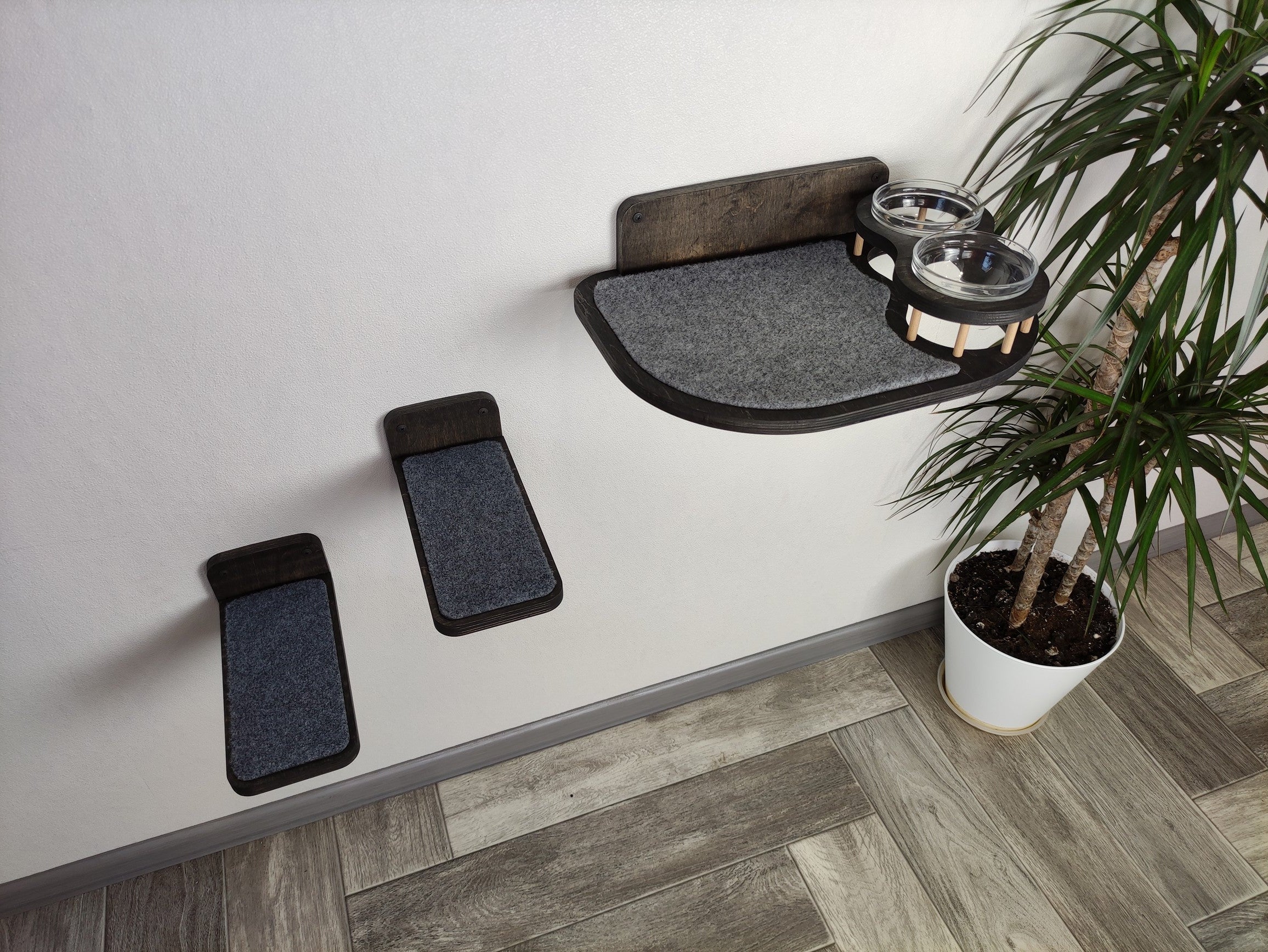 Cat Feeding Shelf with Bowls & Steps �?Elevated Wall Furniture