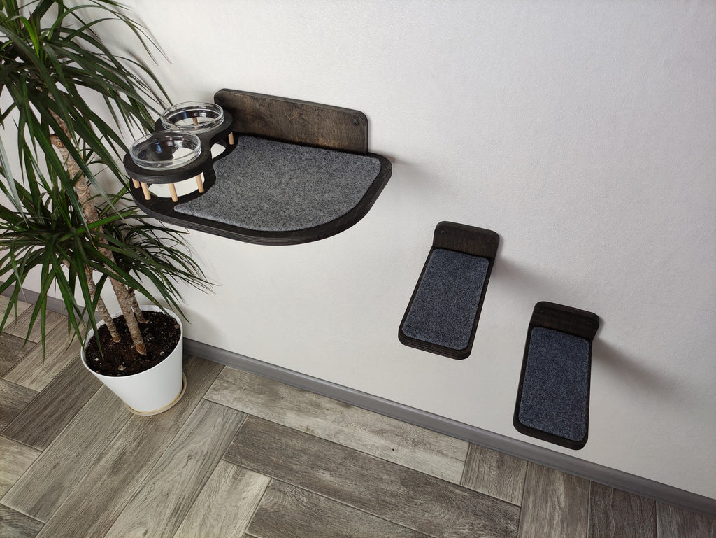 Cat Feeding Shelf with Bowls & Steps �?Elevated Wall Furniture