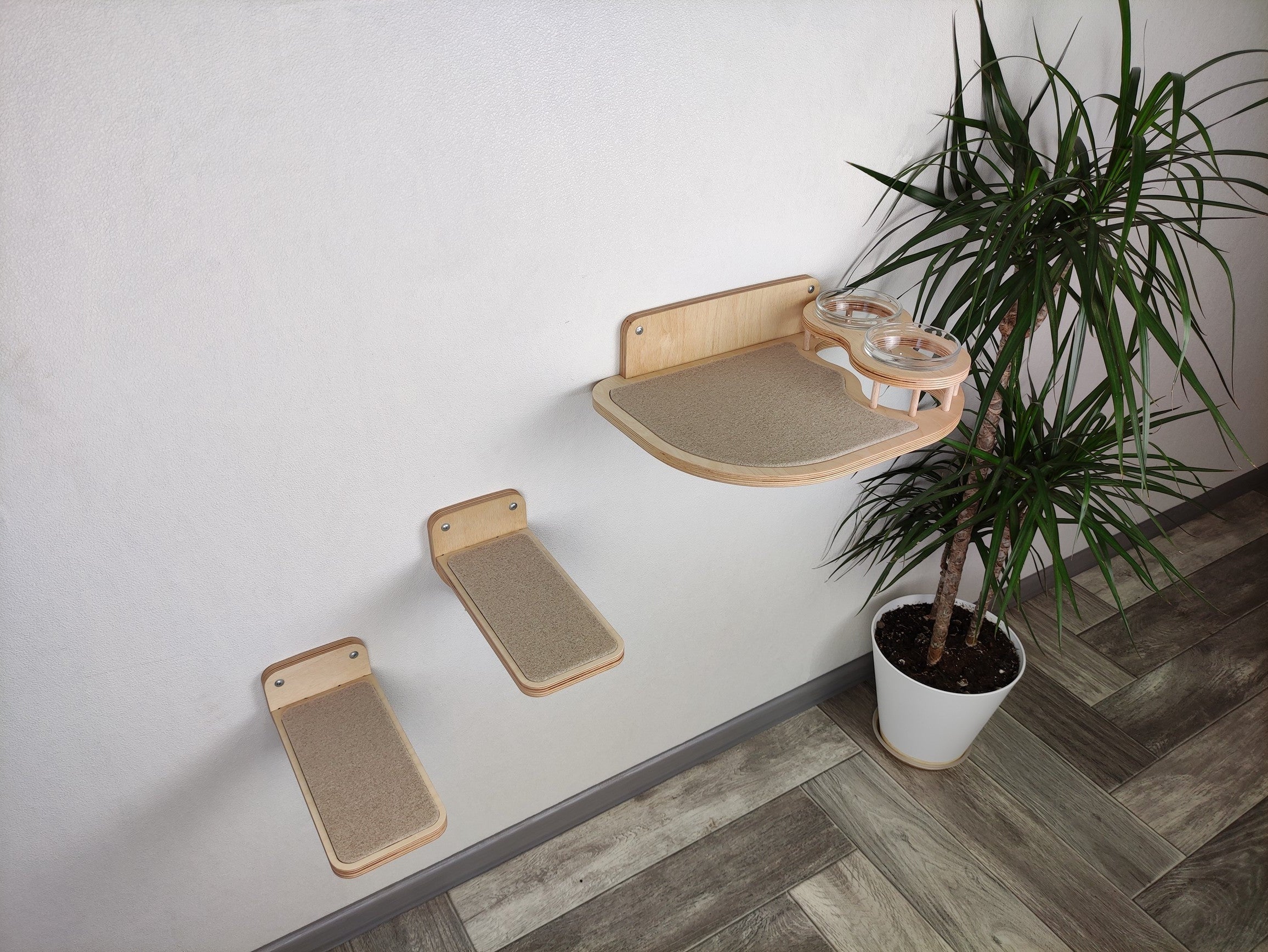 Cat Feeding Shelf with Bowls & Steps �?Elevated Wall Furniture