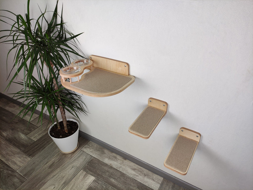 Cat Feeding Shelf with Bowls & Steps �?Elevated Wall Furniture