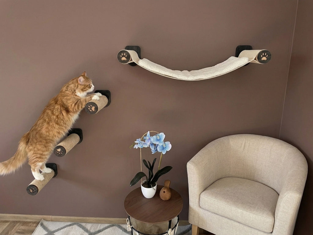 Wall-Mounted Cat Hammock with Cushion & Climbing Steps