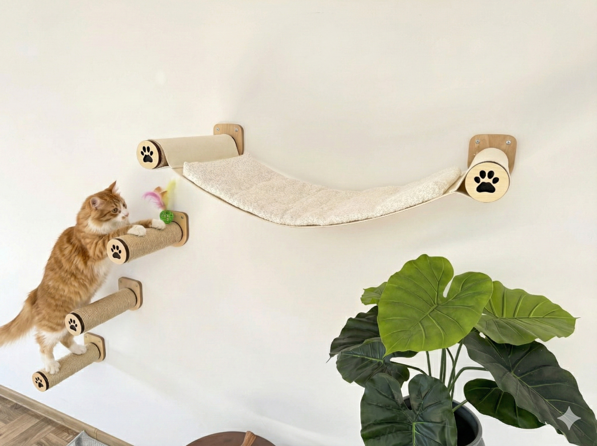 Wall-Mounted Cat Hammock with Cushion & Climbing Steps