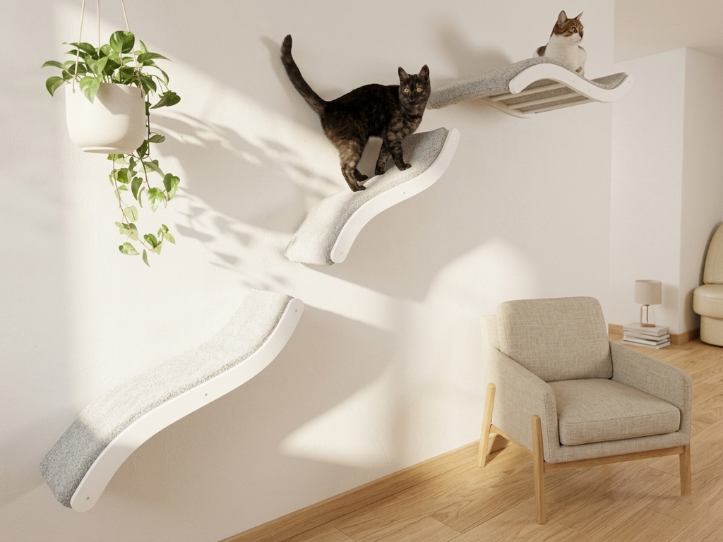Cat Wall Shelf Set �C Curved Cat Bed with Cushion & 2 Wall Steps (Set of 3)