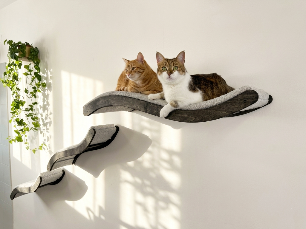 Wall Mounted Cat Furniture Set �C Curved Cat Shelf Bed with Cushion & 2 Climbing Steps