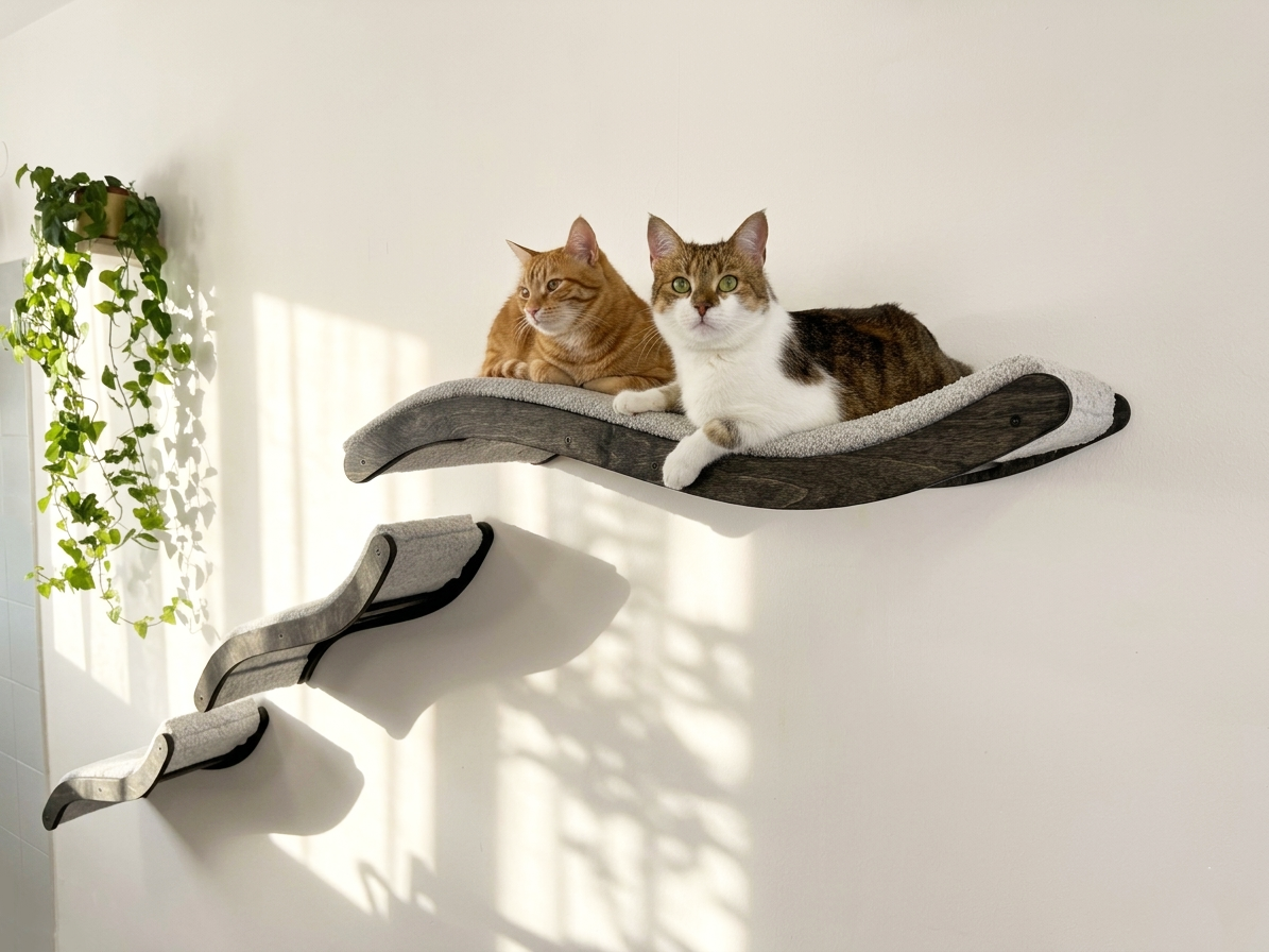 Wall Mounted Cat Furniture Set �C Curved Cat Shelf Bed with Cushion & 2 Climbing Steps