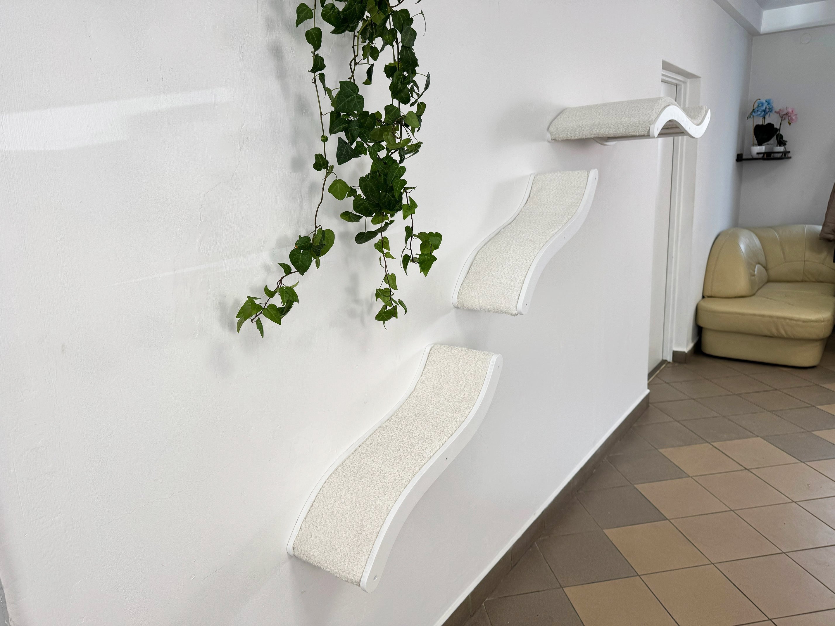 Cat Wall Shelf Set �C Curved Cat Bed with Cushion & 2 Wall Steps (Set of 3)