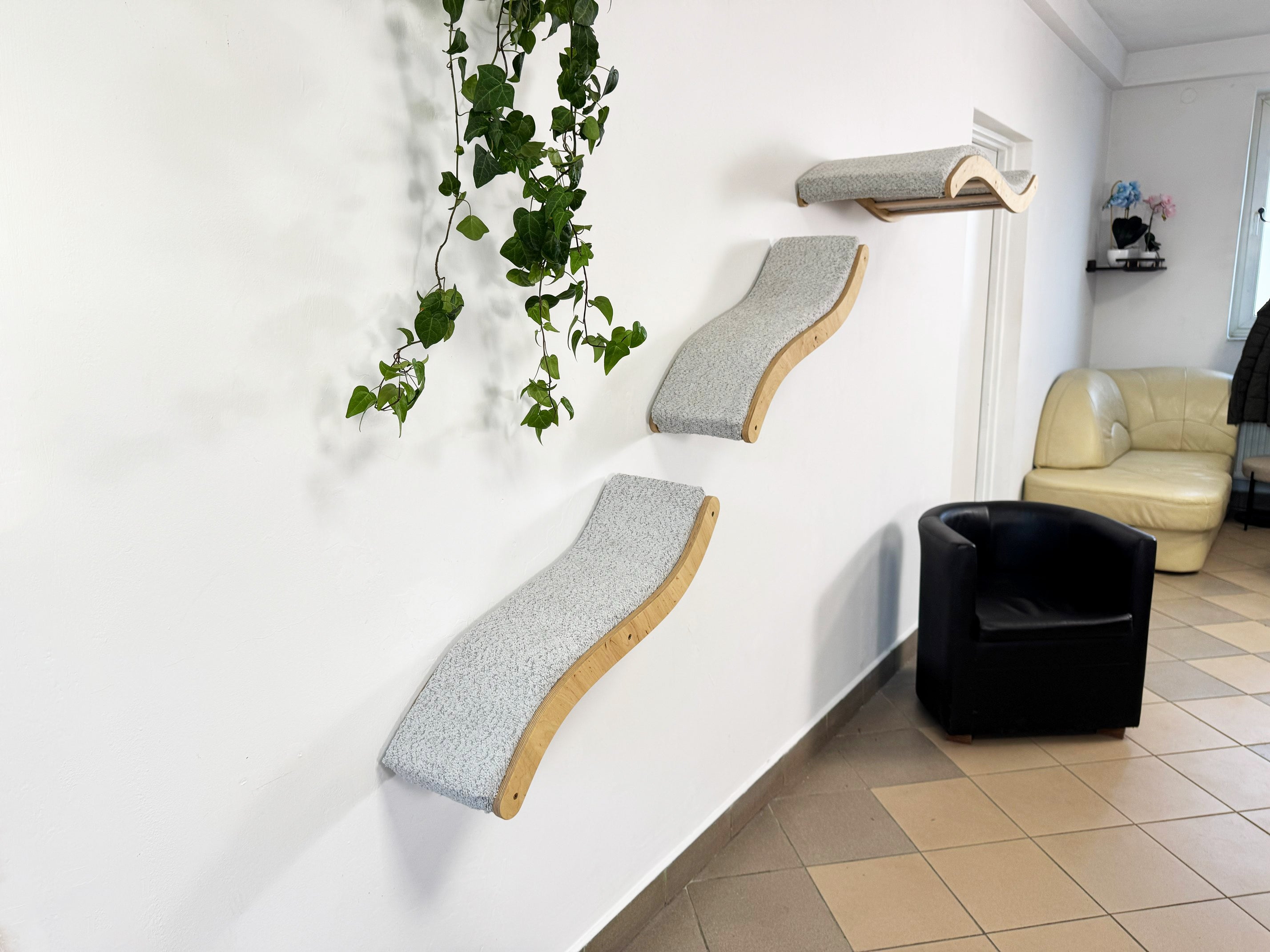 Cat Wall Shelves Set (3 Pieces) �C Curved Cat Bed with Cushions & 2 Steps