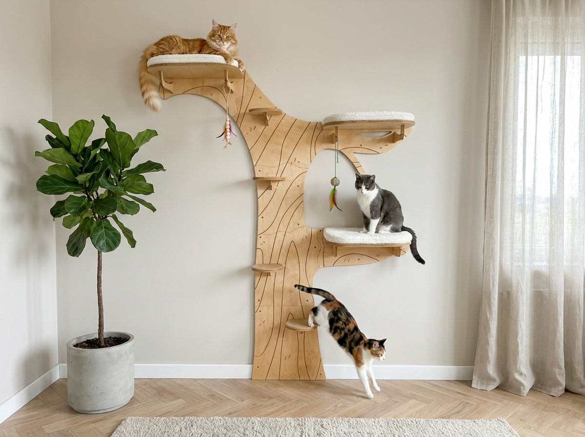 Cat Climbing Shelves: Tree with Steps and 3 Beds with Cushions
