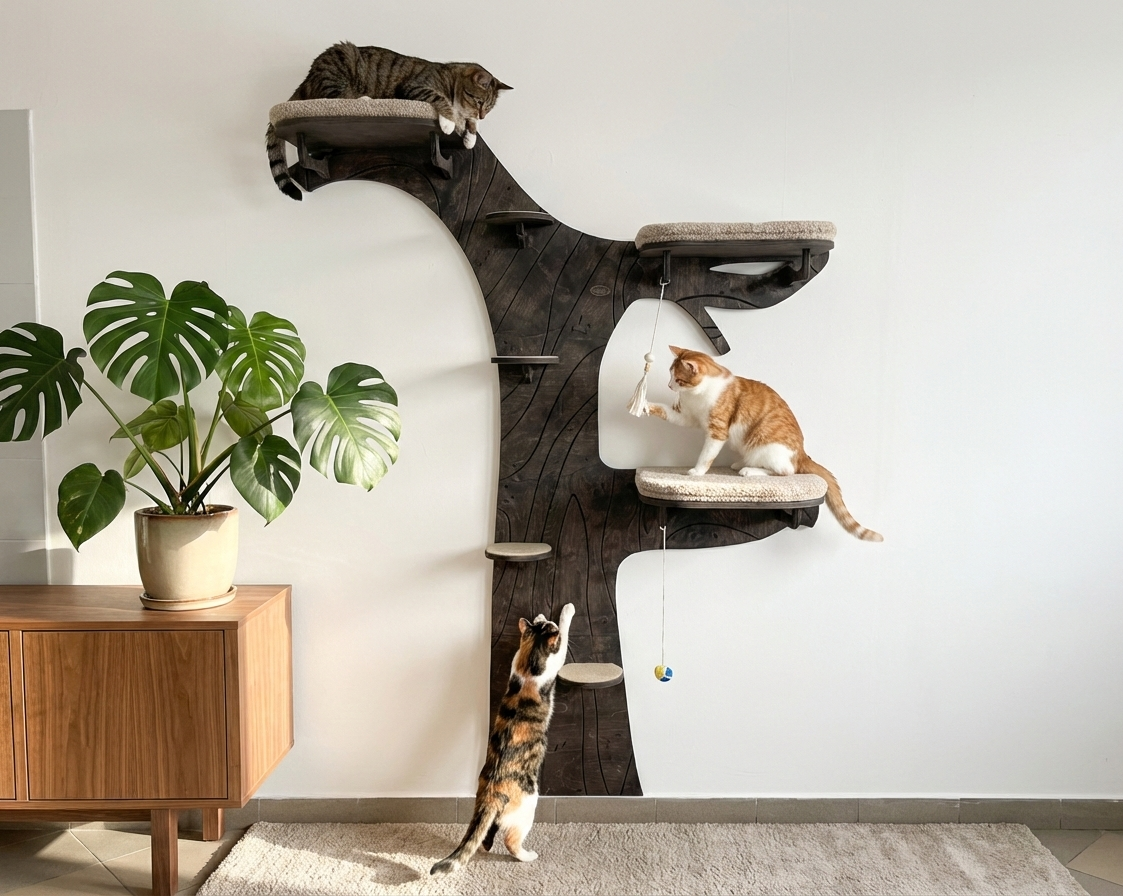 Cat Climbing Shelves: Tree with Steps and 3 Beds with Cushions