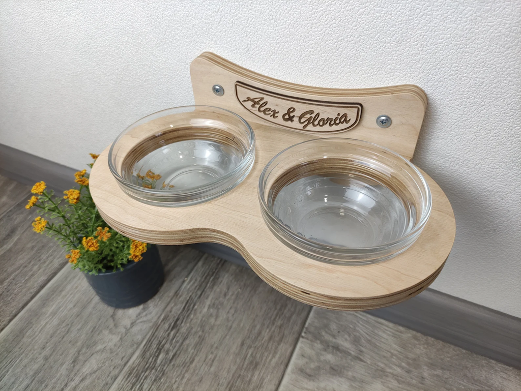 Double Cat Feeder with Glass Bowls (Wall-Mounted)